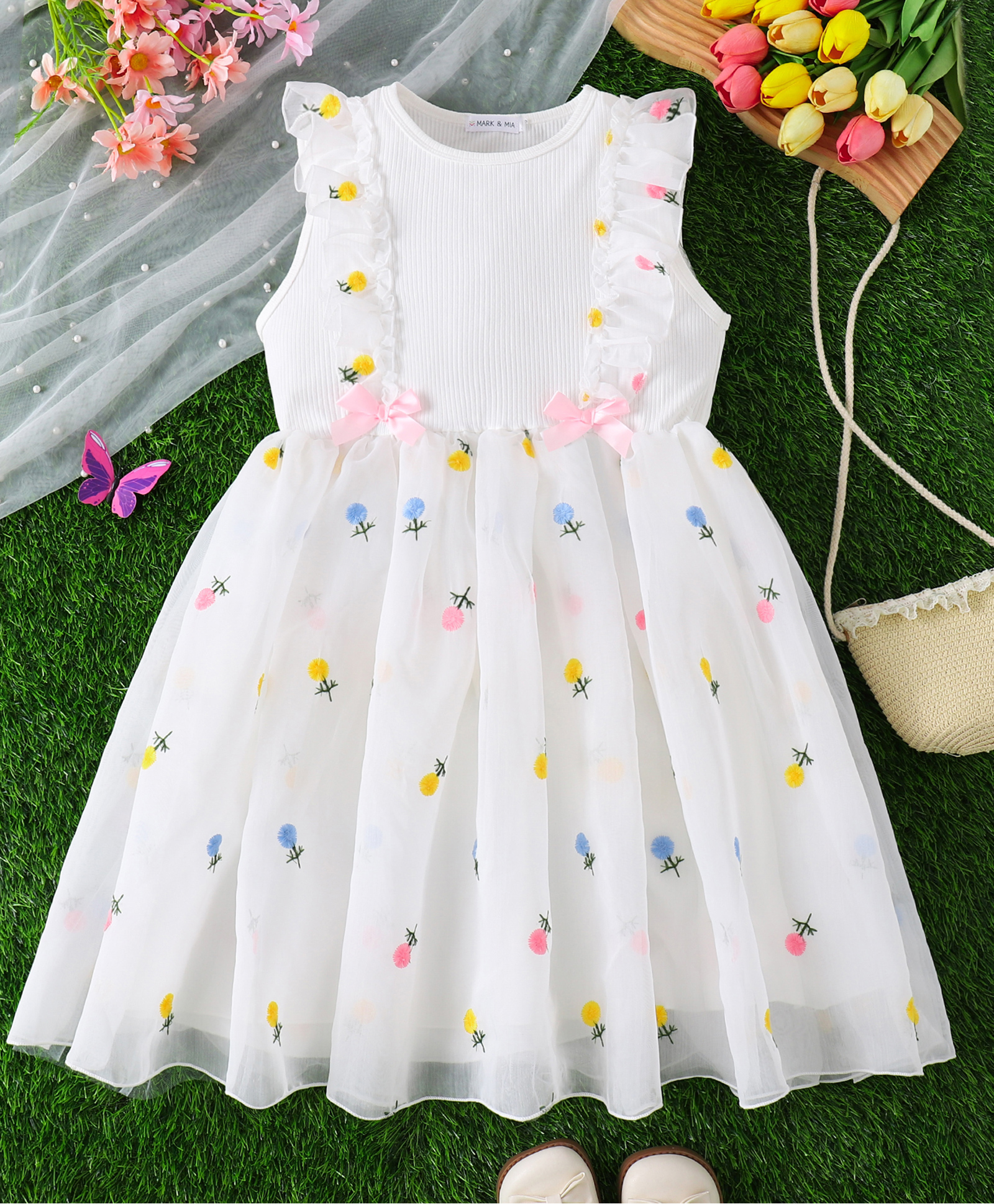 Mark & Mia Sleeveless Floral Embroidered Party Dress with Frill & Bow Detailing - White