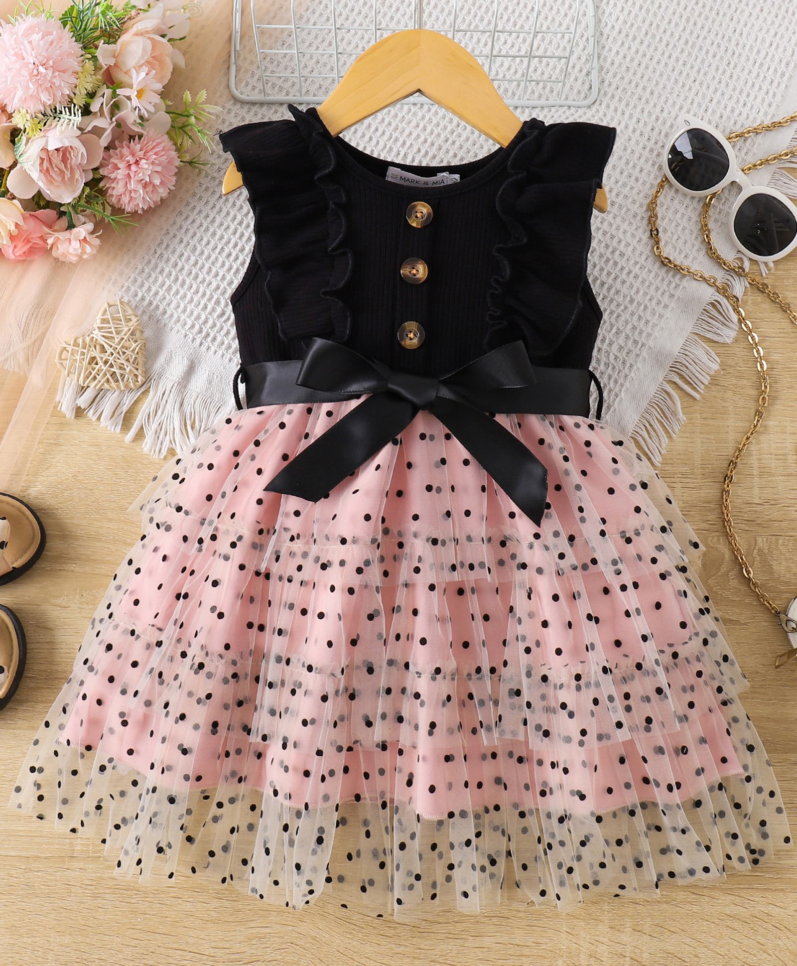 Mark & Mia Frill Sleeves Party Dress With Polka Dot Print & Bow Applique - Black & Pink-image-7