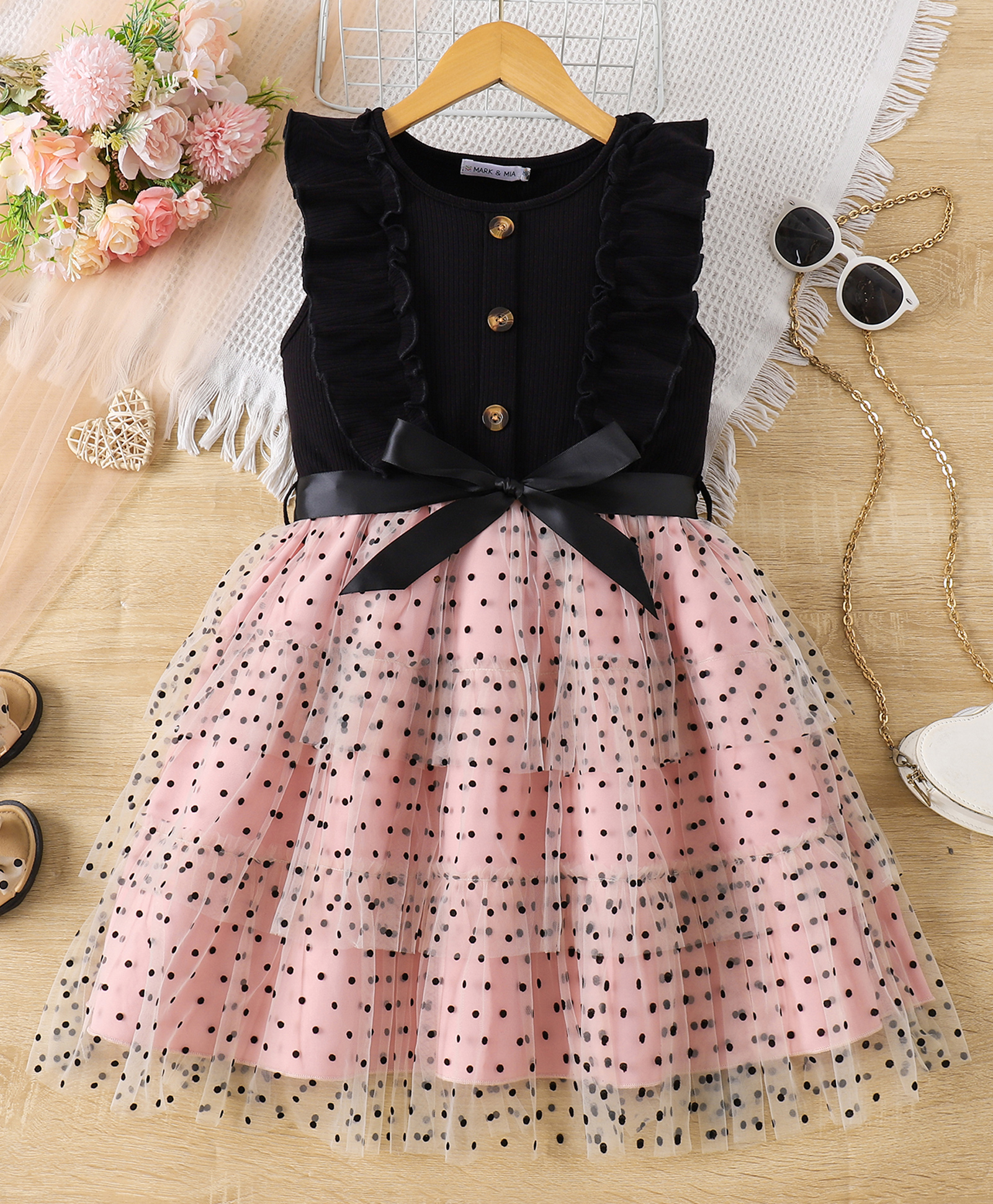 Mark & Mia Frill Sleeves Party Dress With Polka Dot Print & Bow Applique - Black & Pink-image-8