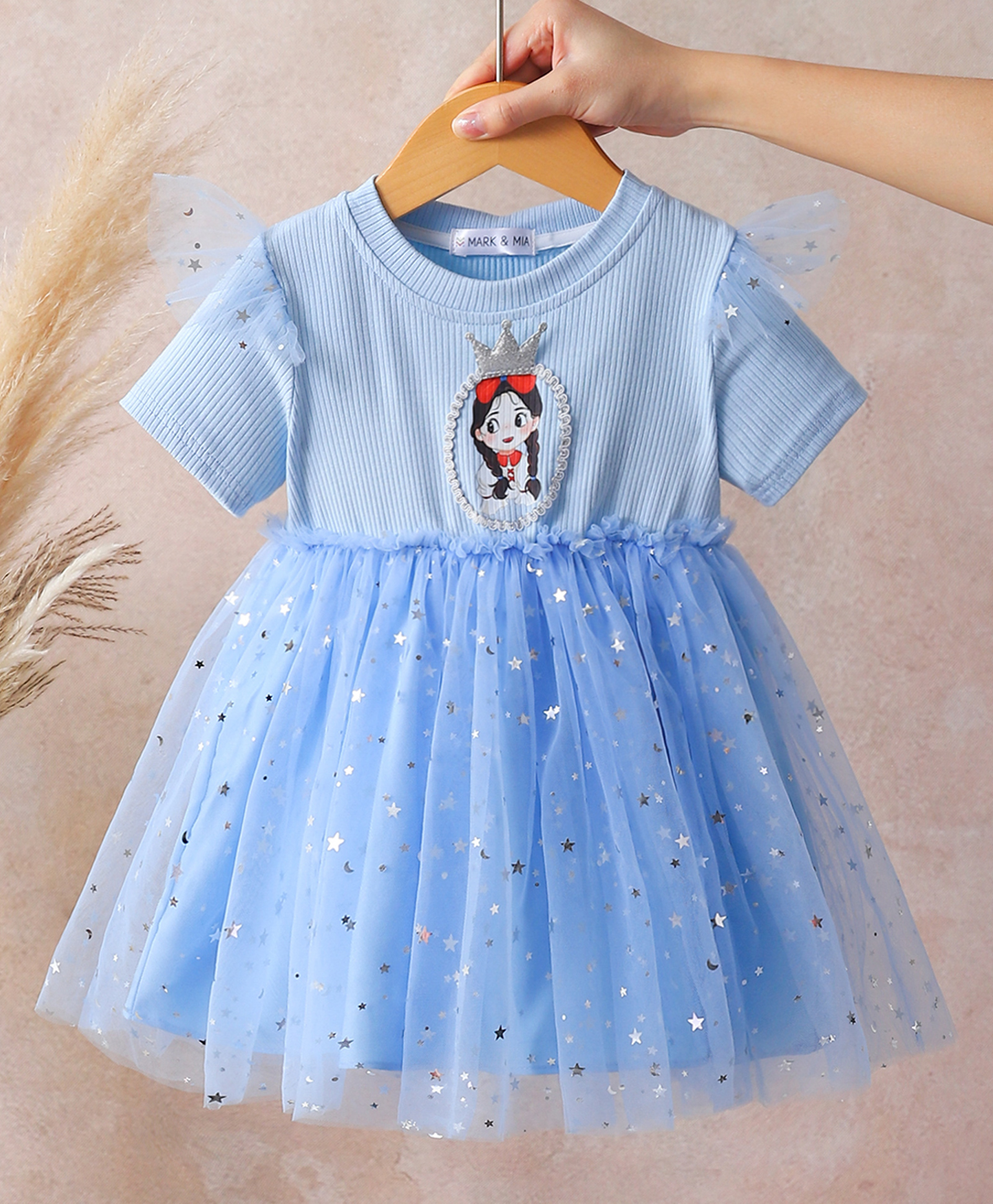 Mark & Mia Half Sleeves Party Dress With Glitter Star Print & Applique Detailing - Blue-picture-16