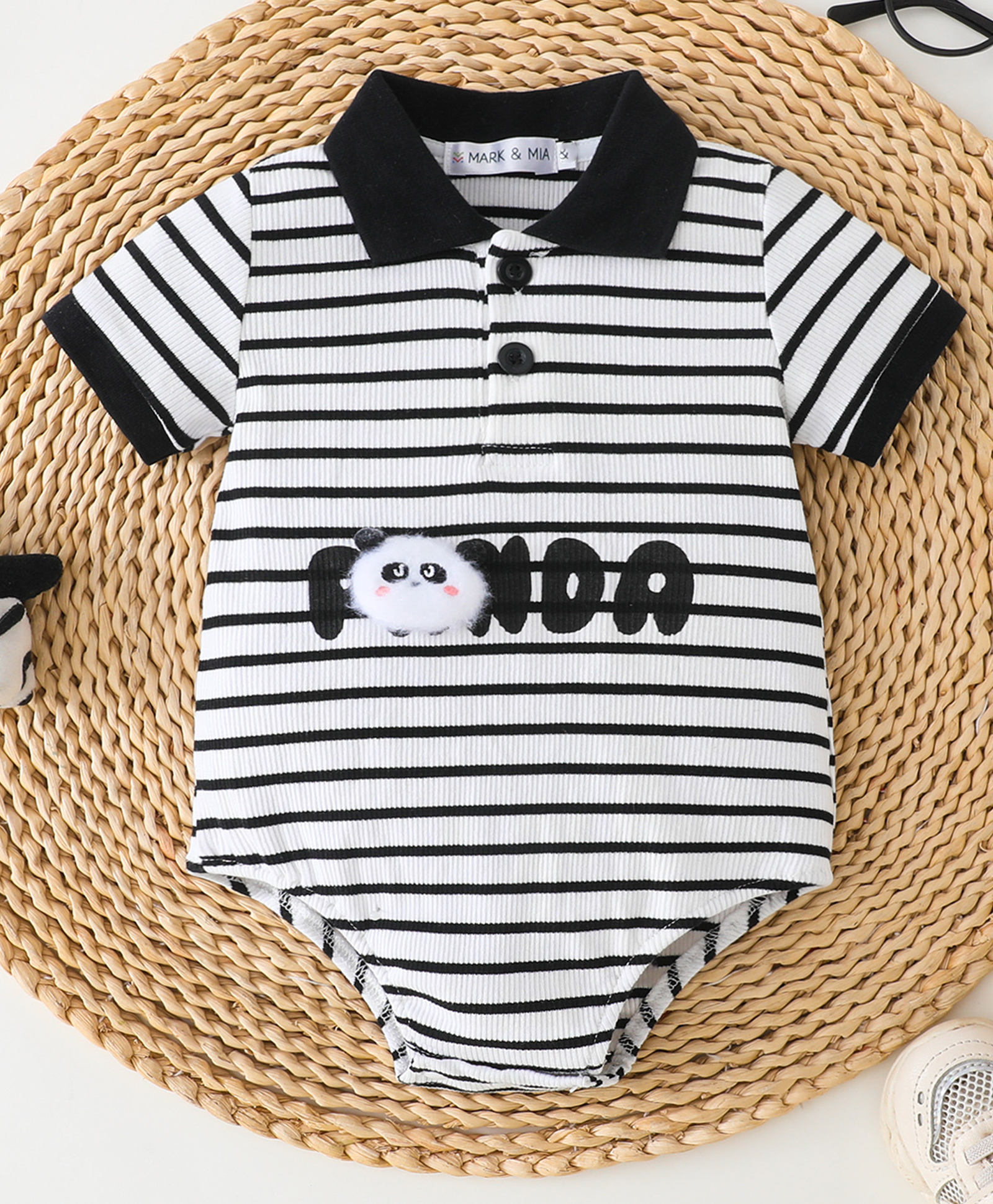 Mark & Mia Cotton Half Sleeves Striped Onesie with Panda Text Embroidery - Black & White-image-15