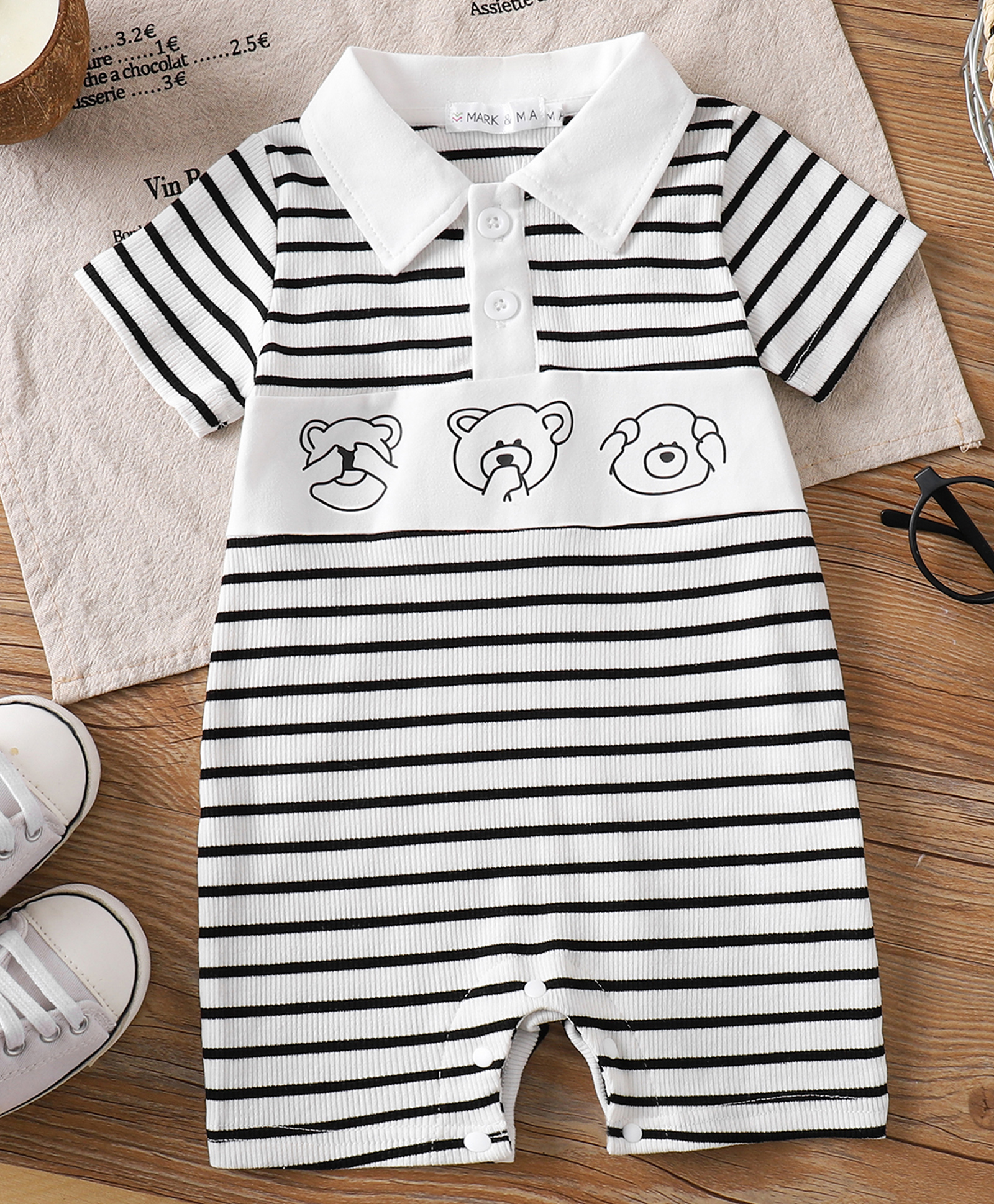 Mark & Mia Cotton Knit Half Sleeves Striped Romper with Bear Print - White & Black-image-35