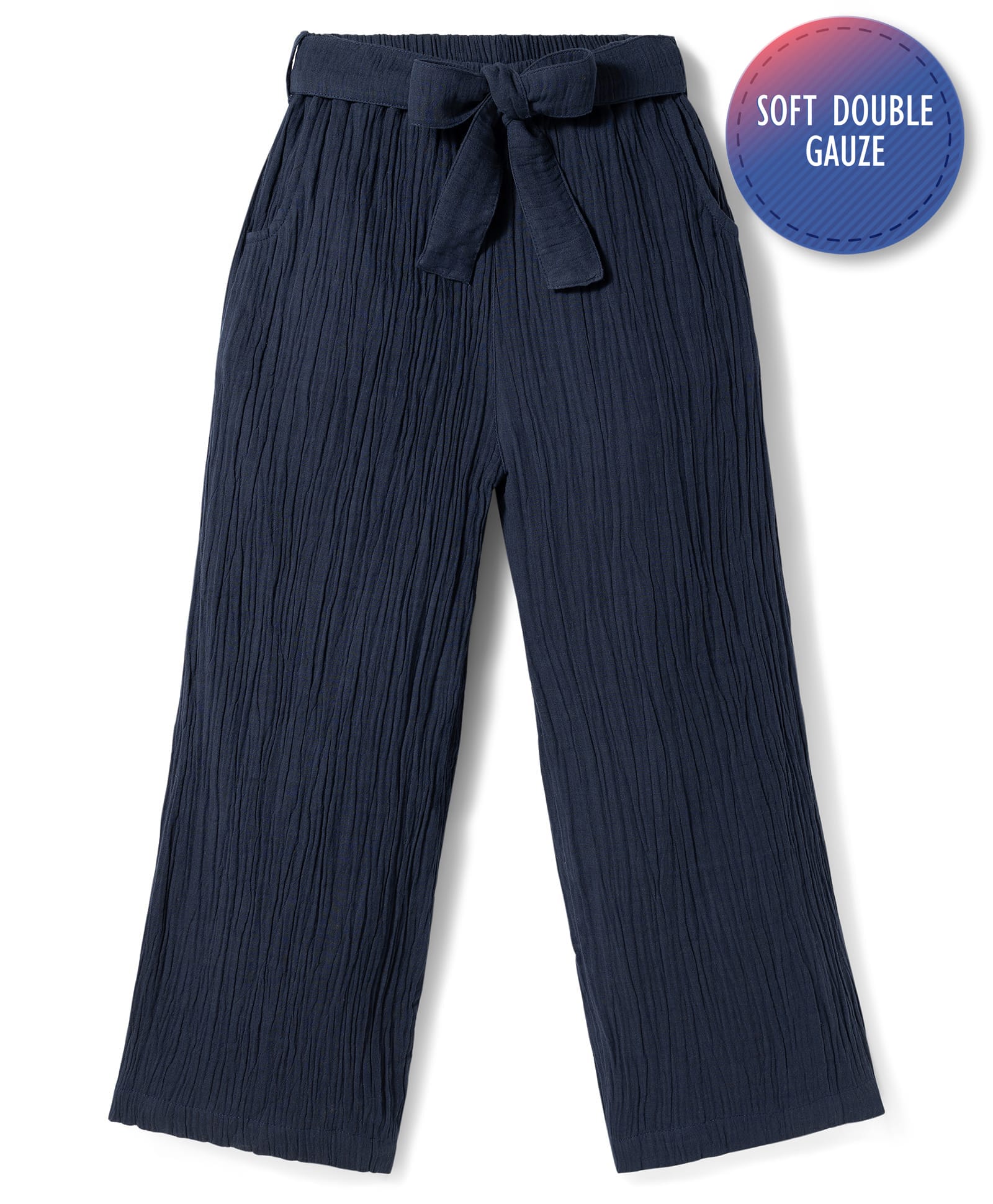 Primo Gino 100% Cotton Woven Full Length Double Gauze Wide Leg Solid Textured Trouser - Navy Blue-picture-35