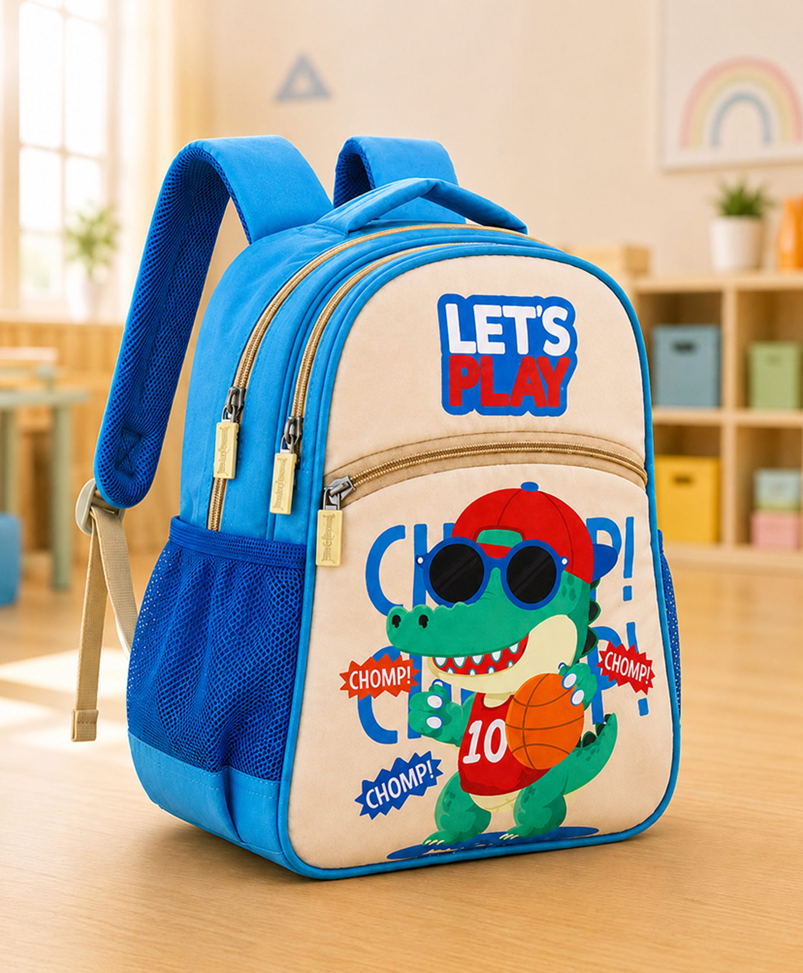 Babyhug 15 Inches Crocodile Lets Go Backpack |1 Main Compartments, 1 Front Pockets 1 side Bottle Pocket|Water Resistant|Long lasting and Durable Zippers | For School Travel and Outdoors|White Blue-picture-28