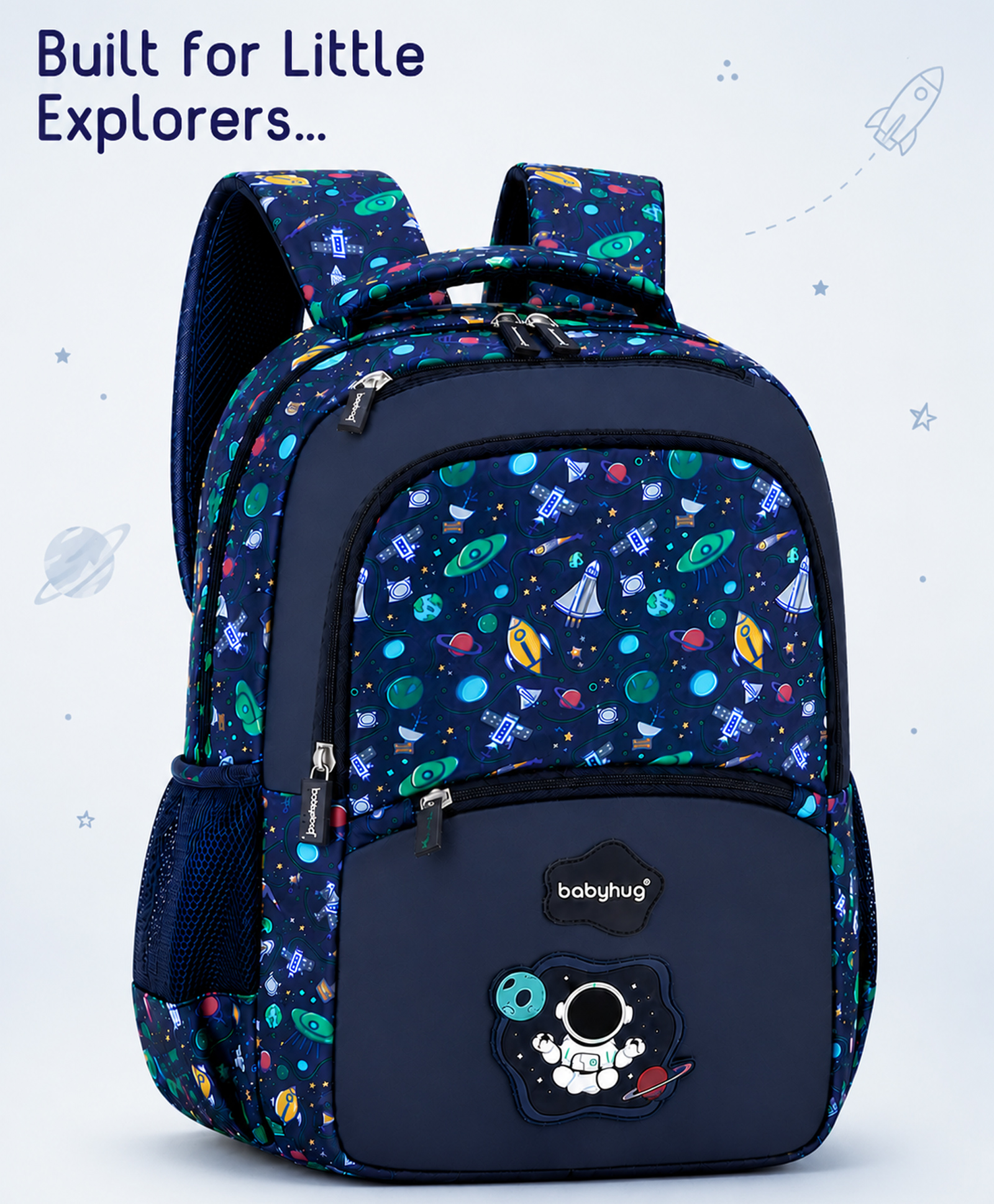 Bonfino 16 Inches Galaxy Astronaut Theme Backpack | 2 Main Compartments, 3 Front Pockets, 2 Side Bottle Pockets | Water Resistant | Durable Zippers | For School, Travel & Outdoors | Blue-image-40