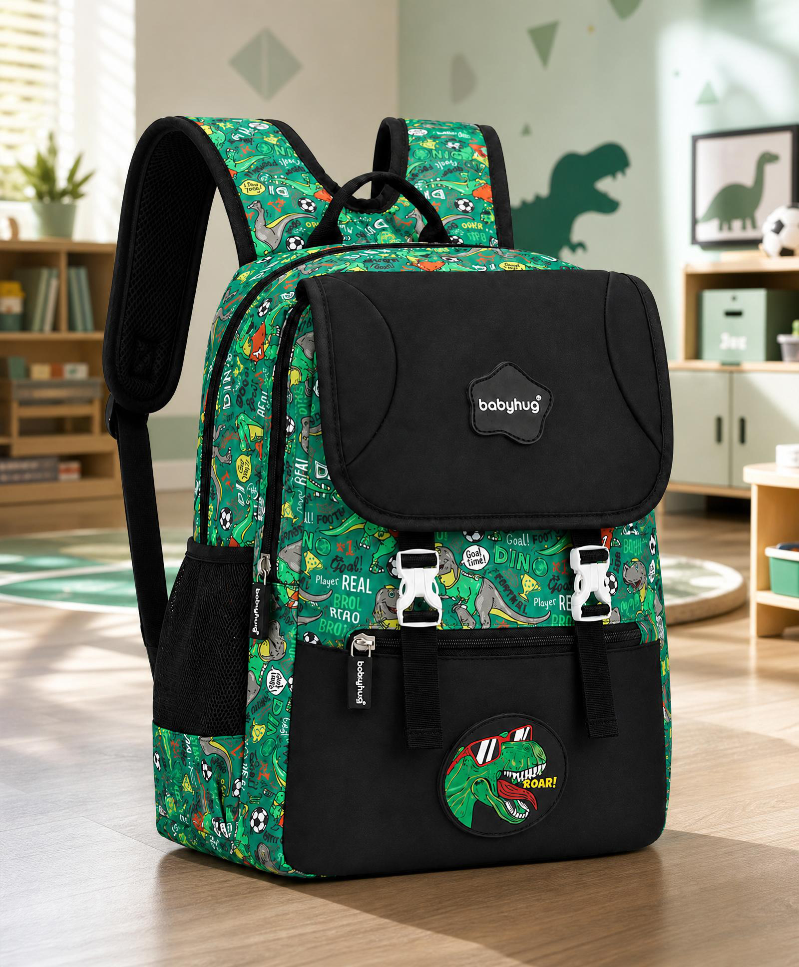 Babyhug 16 Inches Dino Theme Snappy Backpack | 2 Main Compartments, 2 Front Pockets, 2 Side Bottle Pockets | Water Resistant | Durable Zippers | For School, Travel & Outdoors | Green Black-image-31