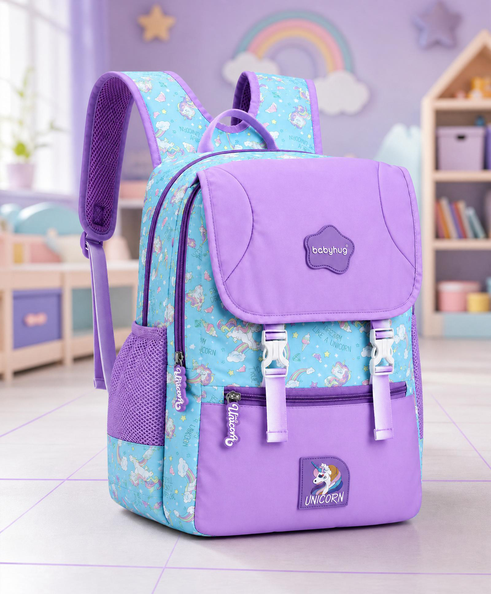 Babyhug 16 Inches Unicorn Theme Snappy Backpack | 2 Main Compartments, 2 Front Pockets, 2 Side Bottle Pockets| Water Resistant| Durable Zippers| For School, Travel & Outdoors| Blue Lavender-image-38