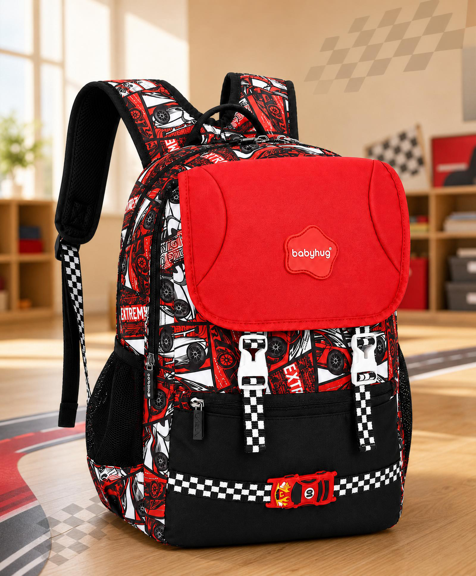 Babyhug 16 Inches SpeedFlash Racing Theme Snappy Backpack | 2 Main Compartments, 2 Front Pockets, 2 Side Bottle Pockets| Water Resistant| Durable Zippers| For School, Travel & Outdoors| Red Black-image-2