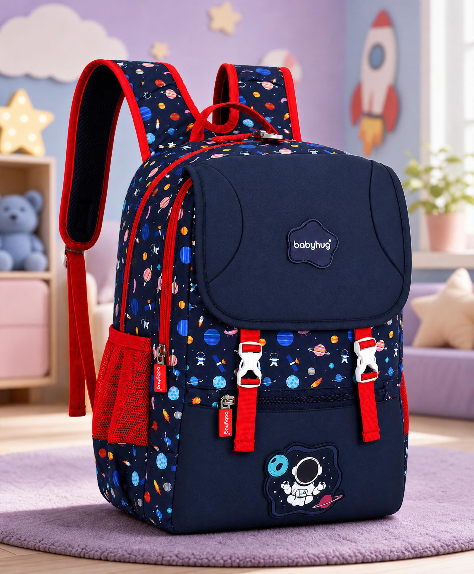 Babyhug 16 Inches Space Theme Snappy Backpack | 2 Main Compartments, 2 Front Pockets, 2 Side Bottle Pockets | Water Resistant | Durable Zippers | For School, Travel & Outdoors | Blue Red-image-28