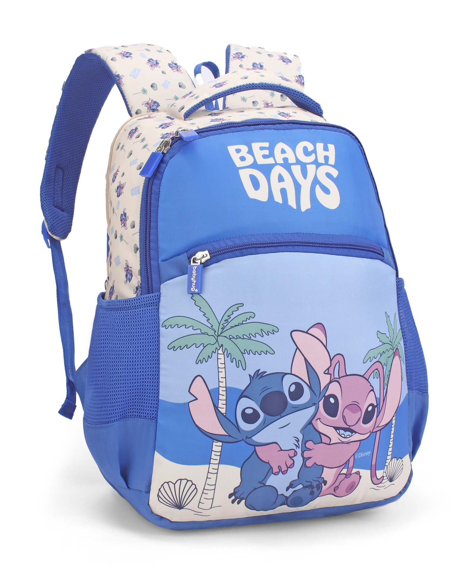 Babyhug Disney Stitch Beach Days Backpack | 2 Main Compartments, 1 Front Pocket, 2 Side Bottle Pockets | Water Resistant | Durable Zippers | For School & Outdoors - 16 Inches | Blue White-image-46