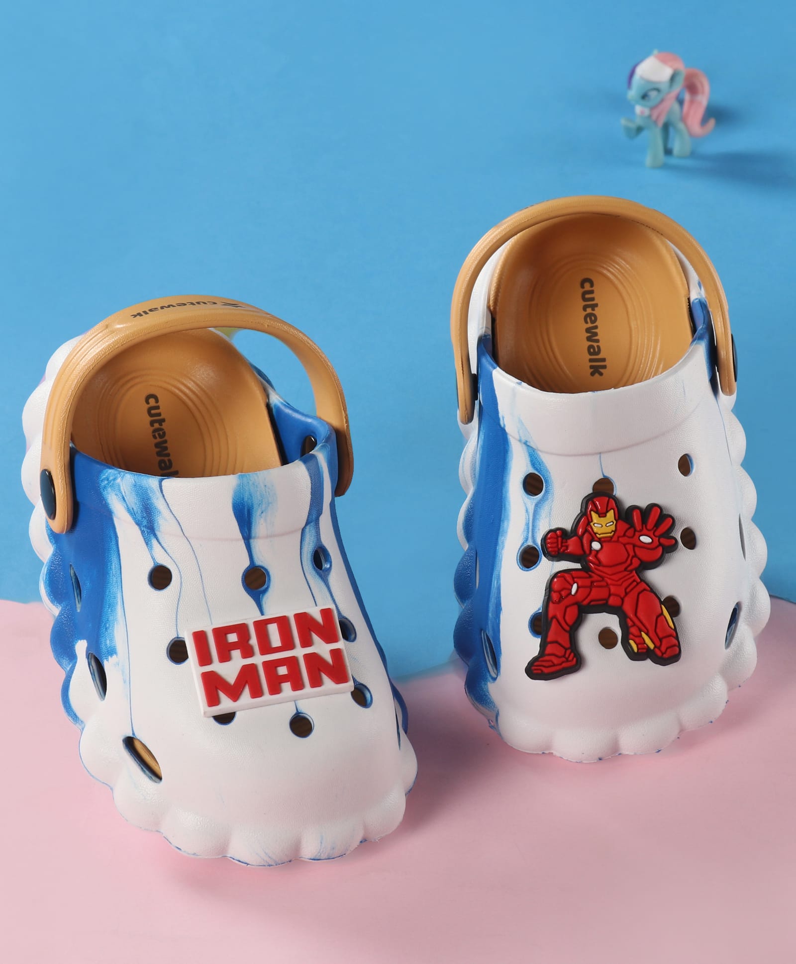 Cute Walk by Babyhug Marvel Back Strap Clogs With Iron Man Applique - Blue-image-5