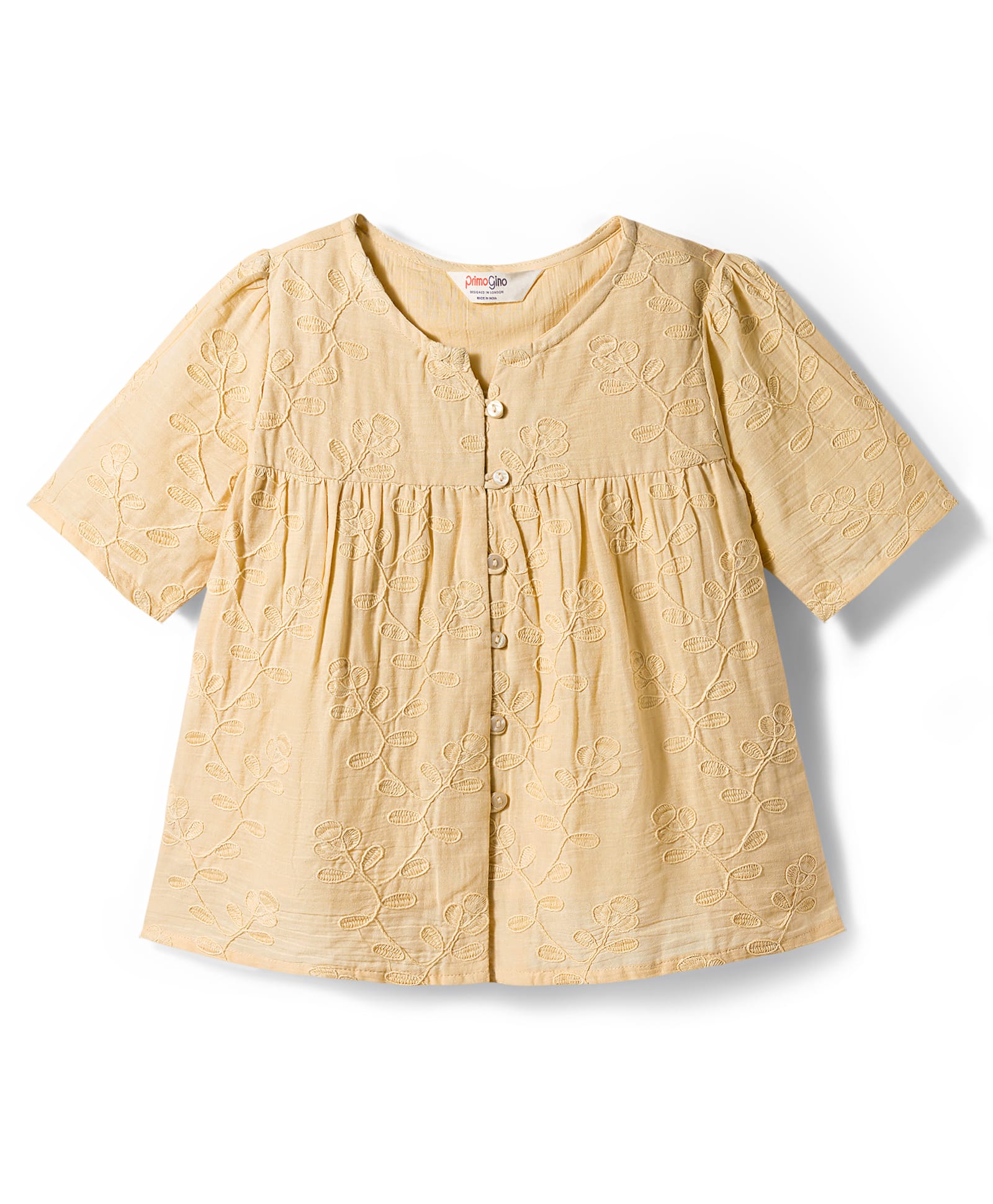 Primo Gino 100% Cotton Woven Half Sleeves Floral Embroidered Peplum Fabric Top - Beige-picture-26