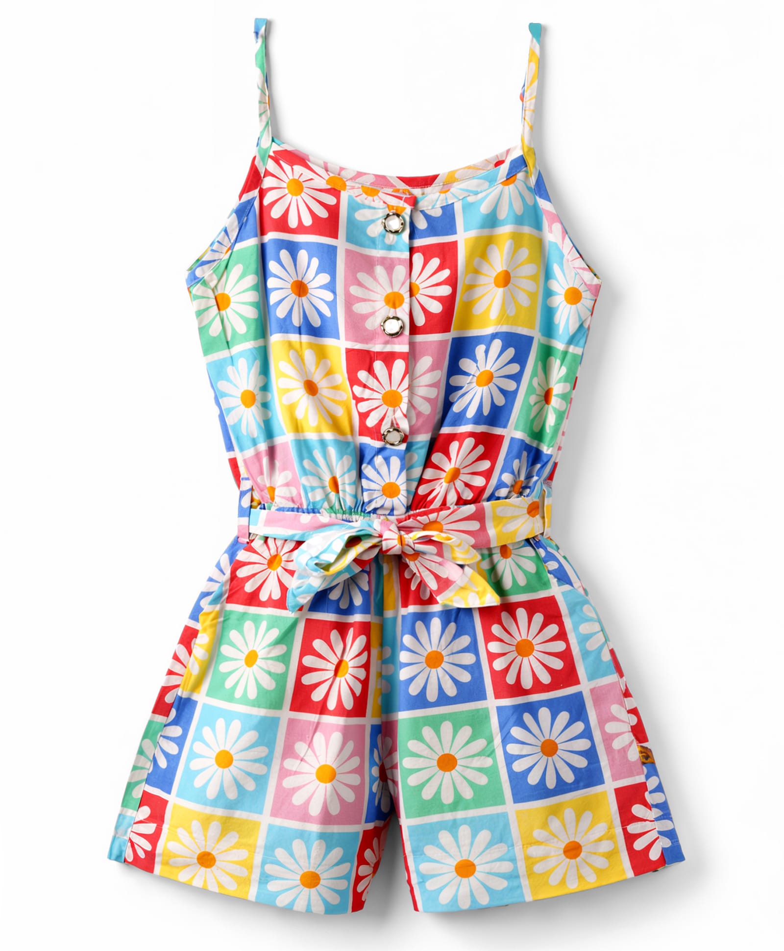 Dew Drops Cotton Woven Sleeveless Jumpsuit with Floral Print - Multicolor-picture-0
