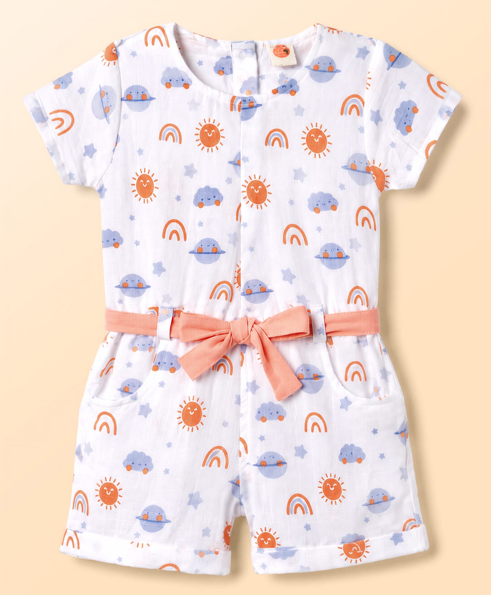 Dew Drops Cotton Woven Half Sleeves Jumpsuit With Rainbow Print - Offwhite-image-22