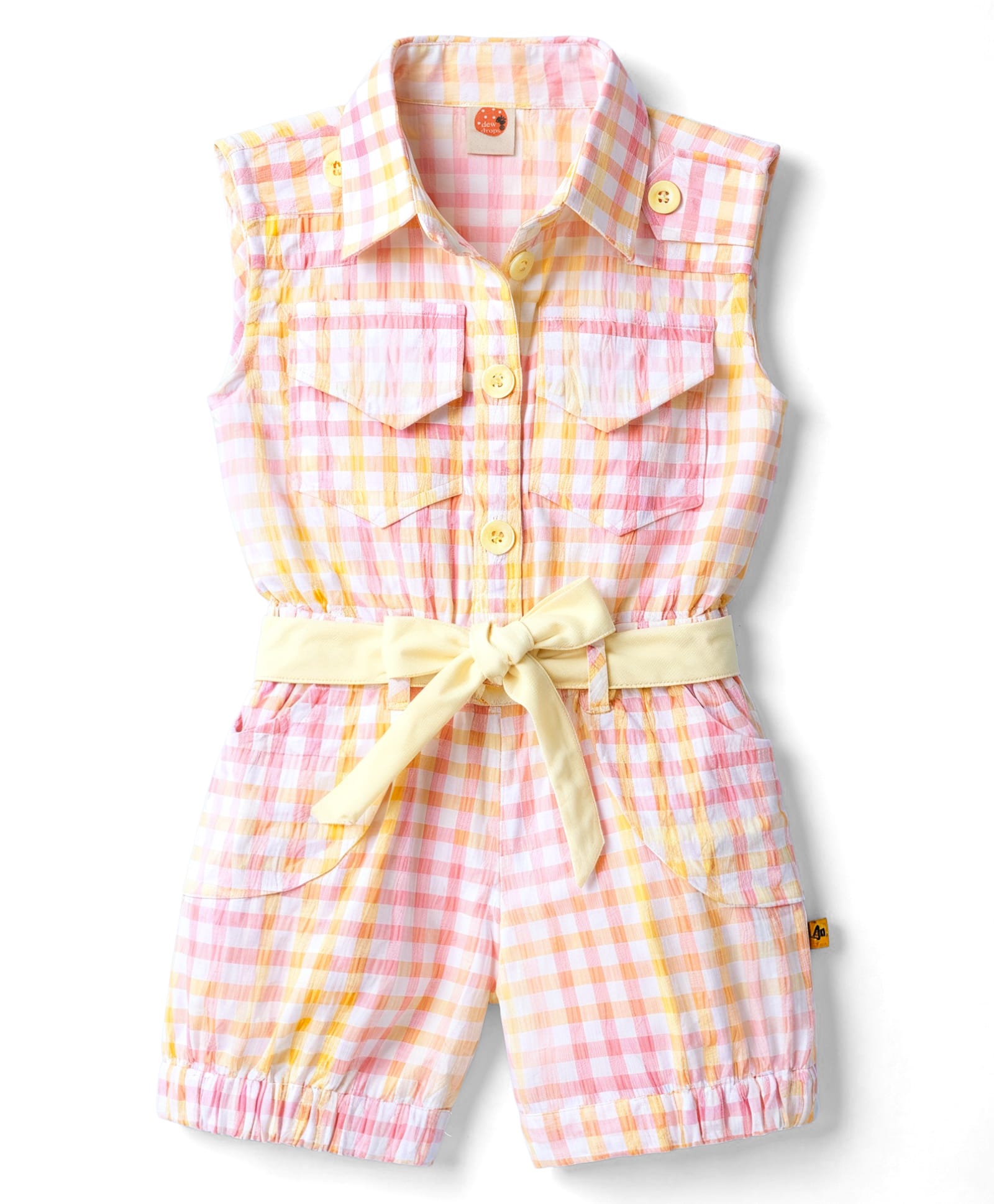 Dew Drops Cotton Woven Half Sleeves Checked Jumpsuit With Belt - Yellow-image-38