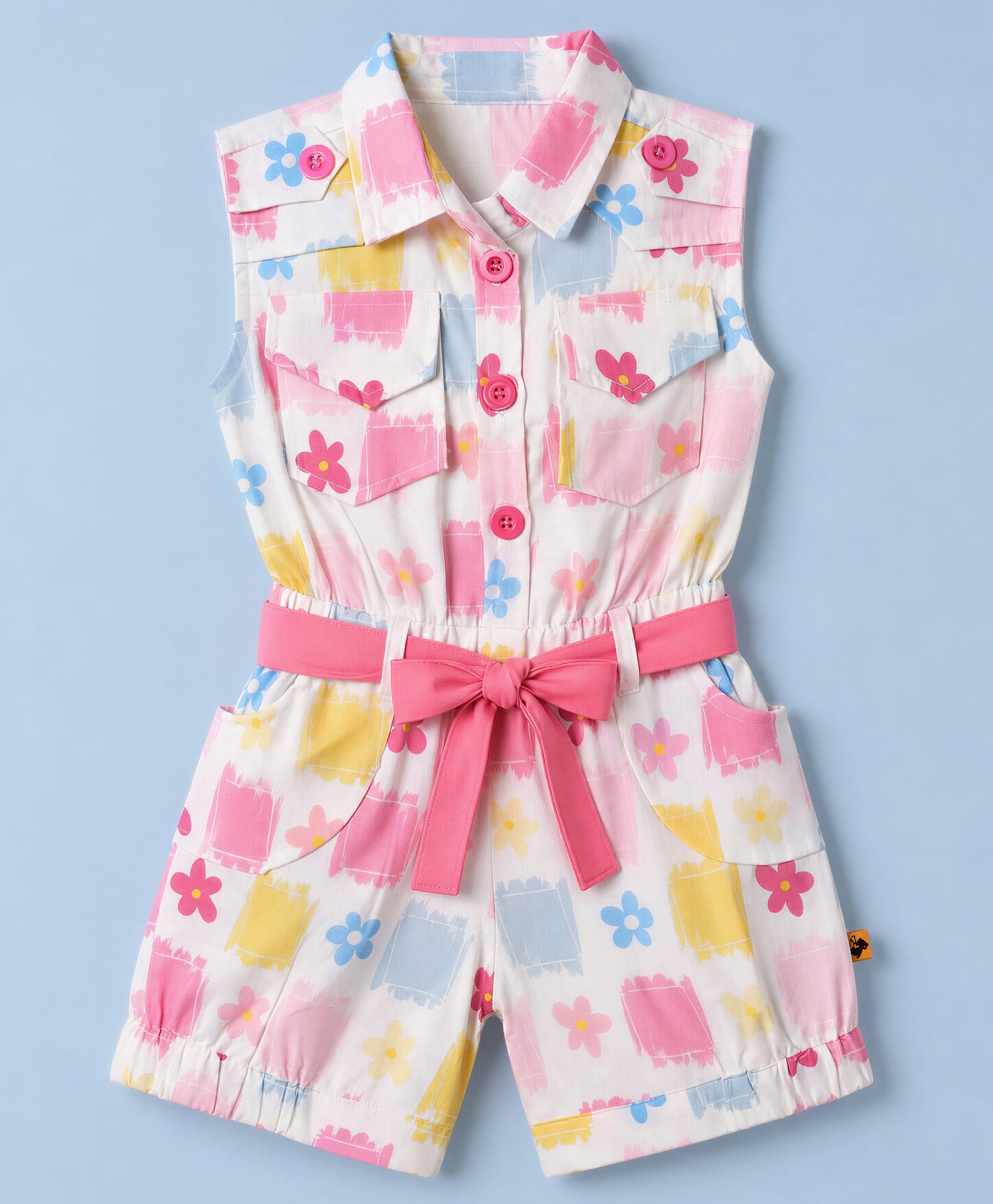 Dew Drops Cotton Woven Sleeveless Floral Printed Jumpsuit with Belt - Pink-image-32