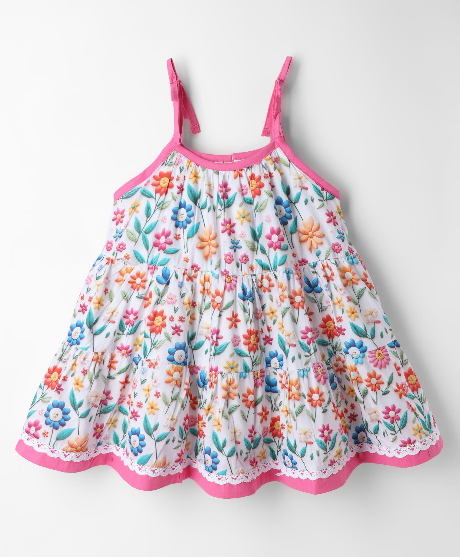 Dew Drops Cotton Woven Sleeveless Floral Printed Tiered Frock - Pink-image-40
