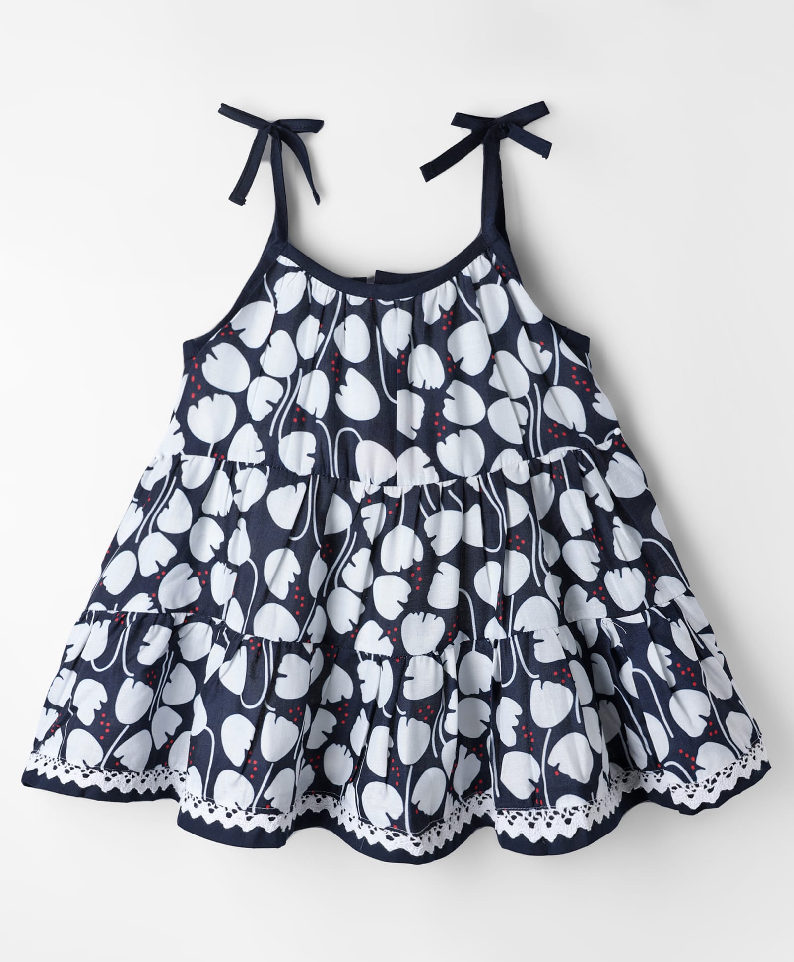 Dew Drops Cotton Woven Sleeveless Floral Printed Tiered Frock - Navy Blue-image-31