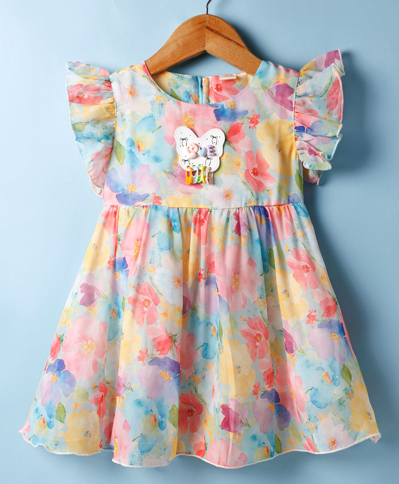 Dew Drops Cotton Woven Frill Sleeves Frock With Floral Print & Butterfly Applique - Peach-image-43