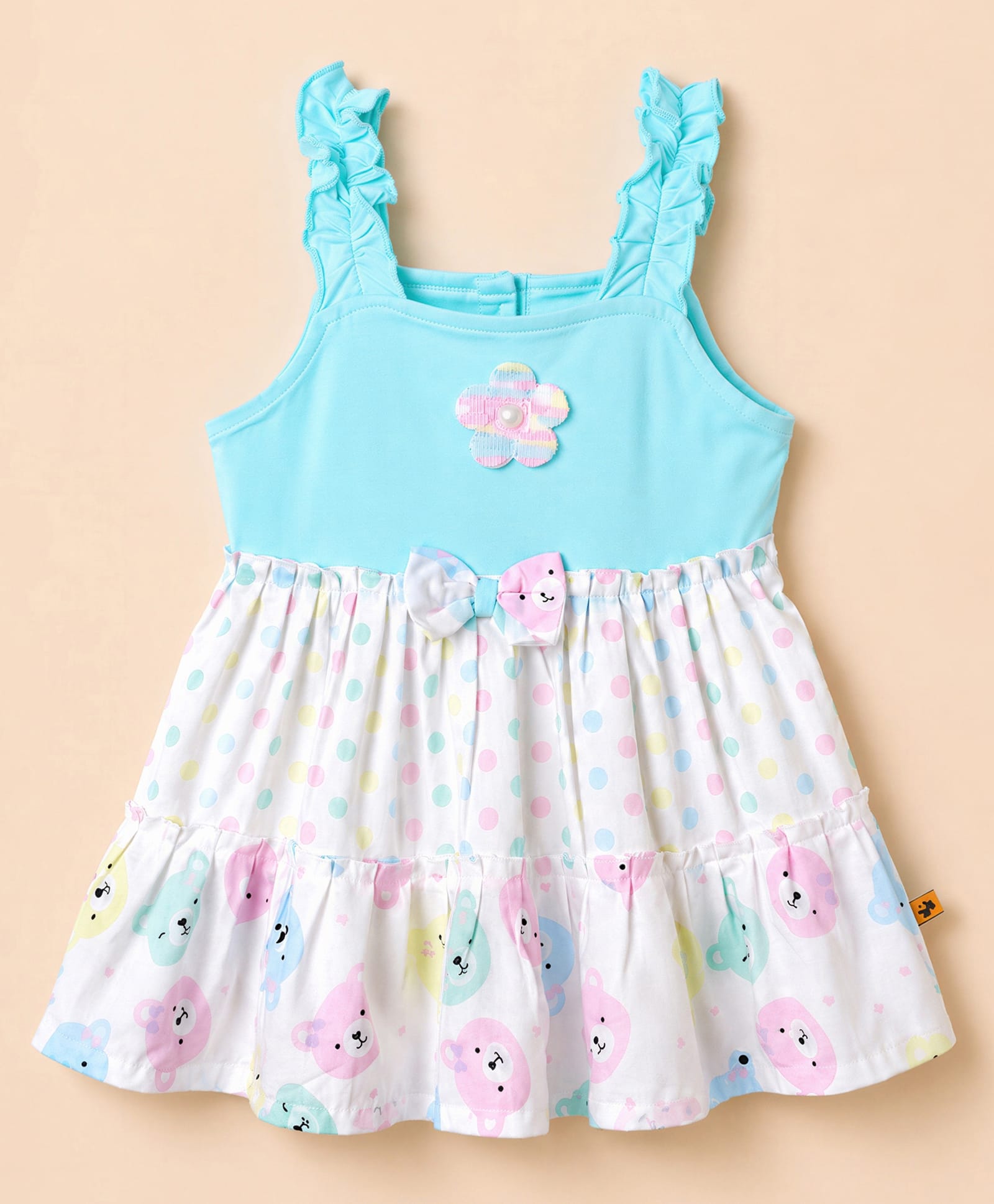 Dew Drops Cotton Woven Sleeveless Frock With Polka Dot, Teddy Bear Print & Floral Applique - Aqua Blue-image-39