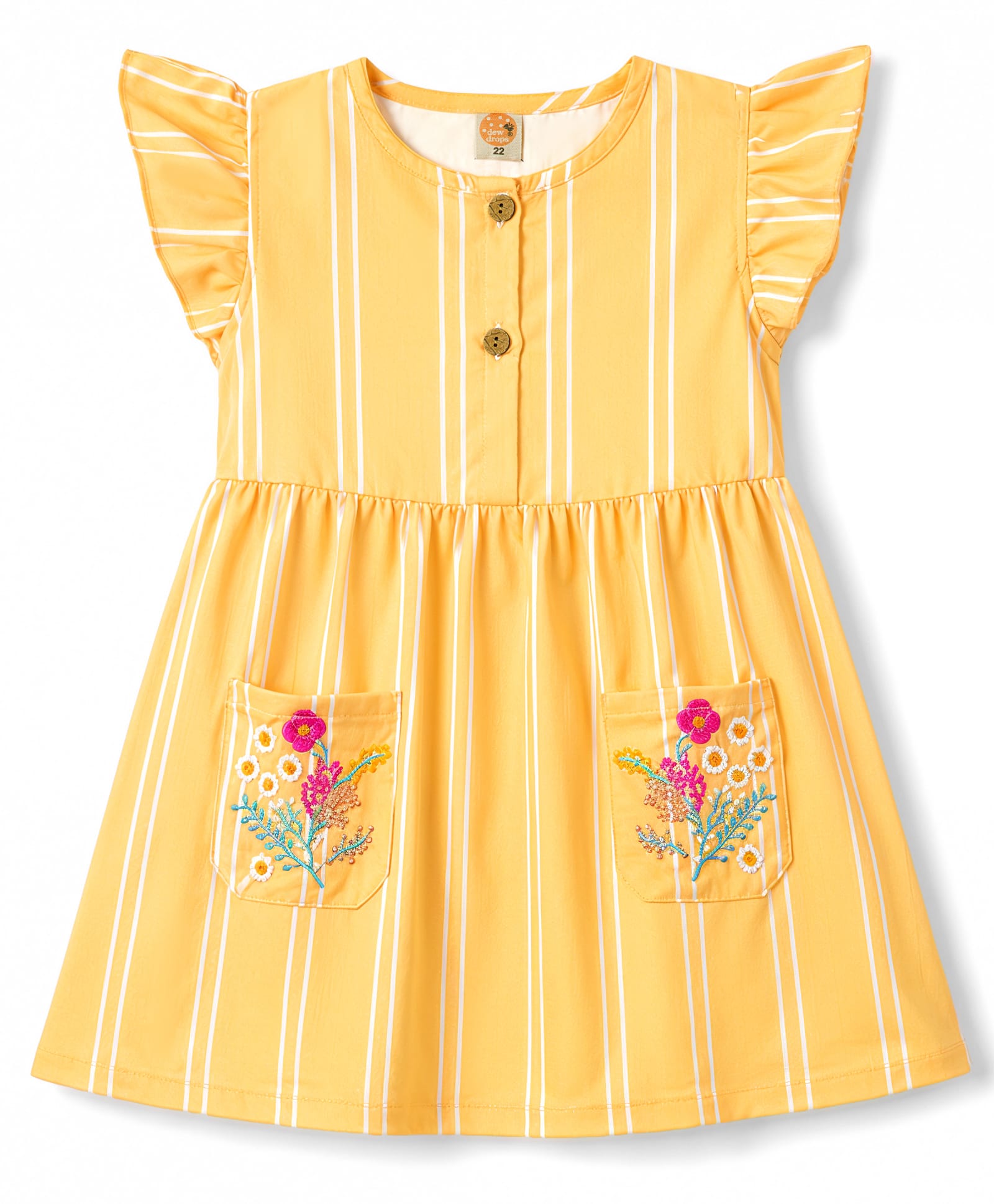 Dew Drops Cotton Woven One Piece Dress Sleeveless Striped with Floral Embroidered Pockets Yellow 2-3 Years-picture-33