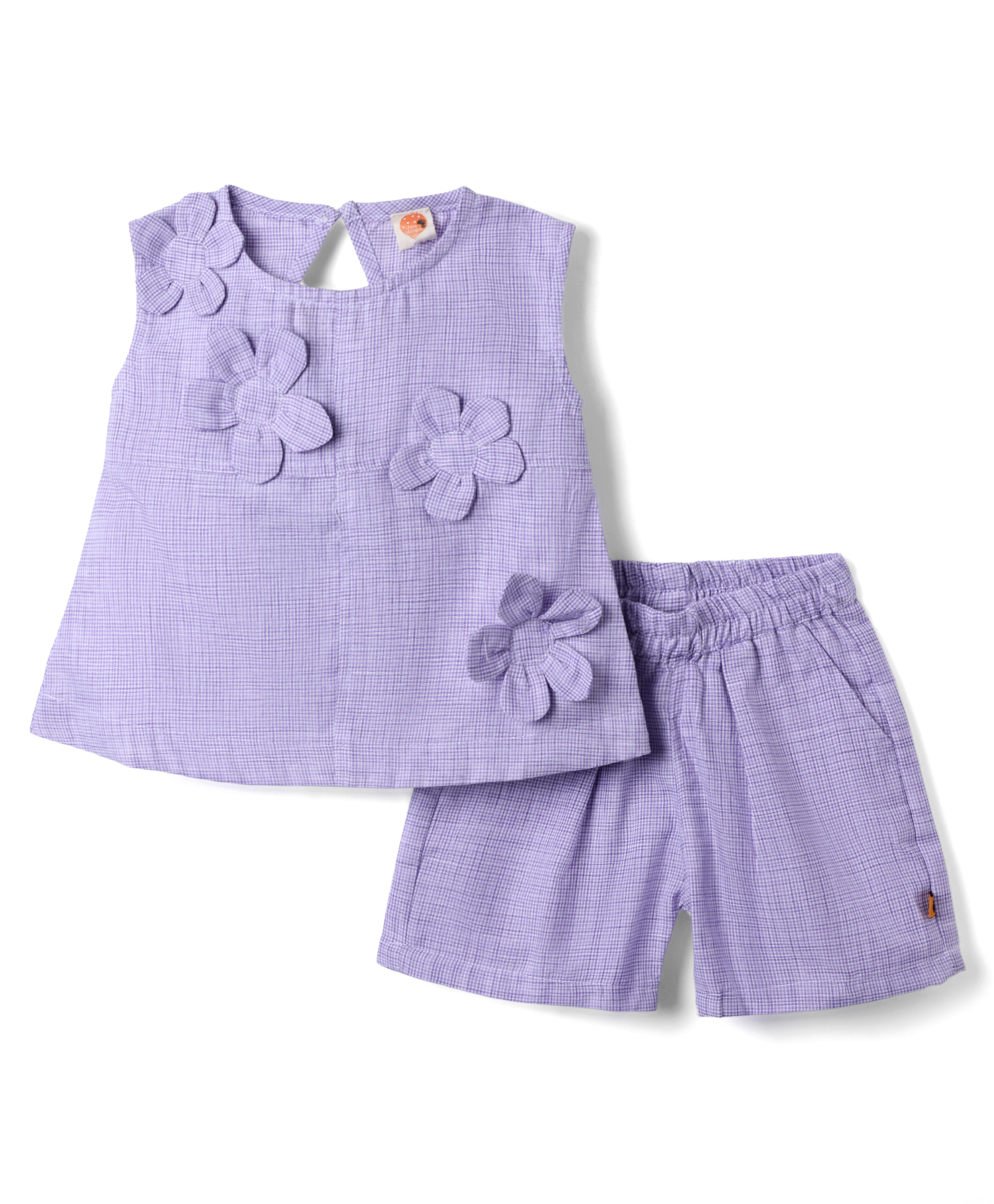 Dew Drops Cotton Woven Sleeveless Top & Shorts Set With Floral Applique & Checks - Purple-image-26