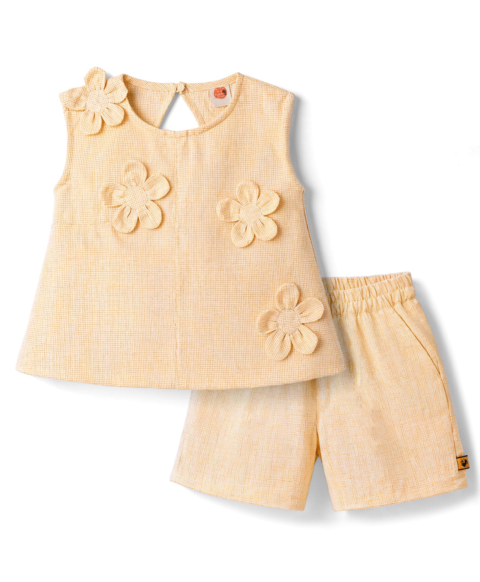 Dew Drops Cotton Woven Sleeveless Top & Shorts Set With Floral Applique & Checks - Peach-image-18