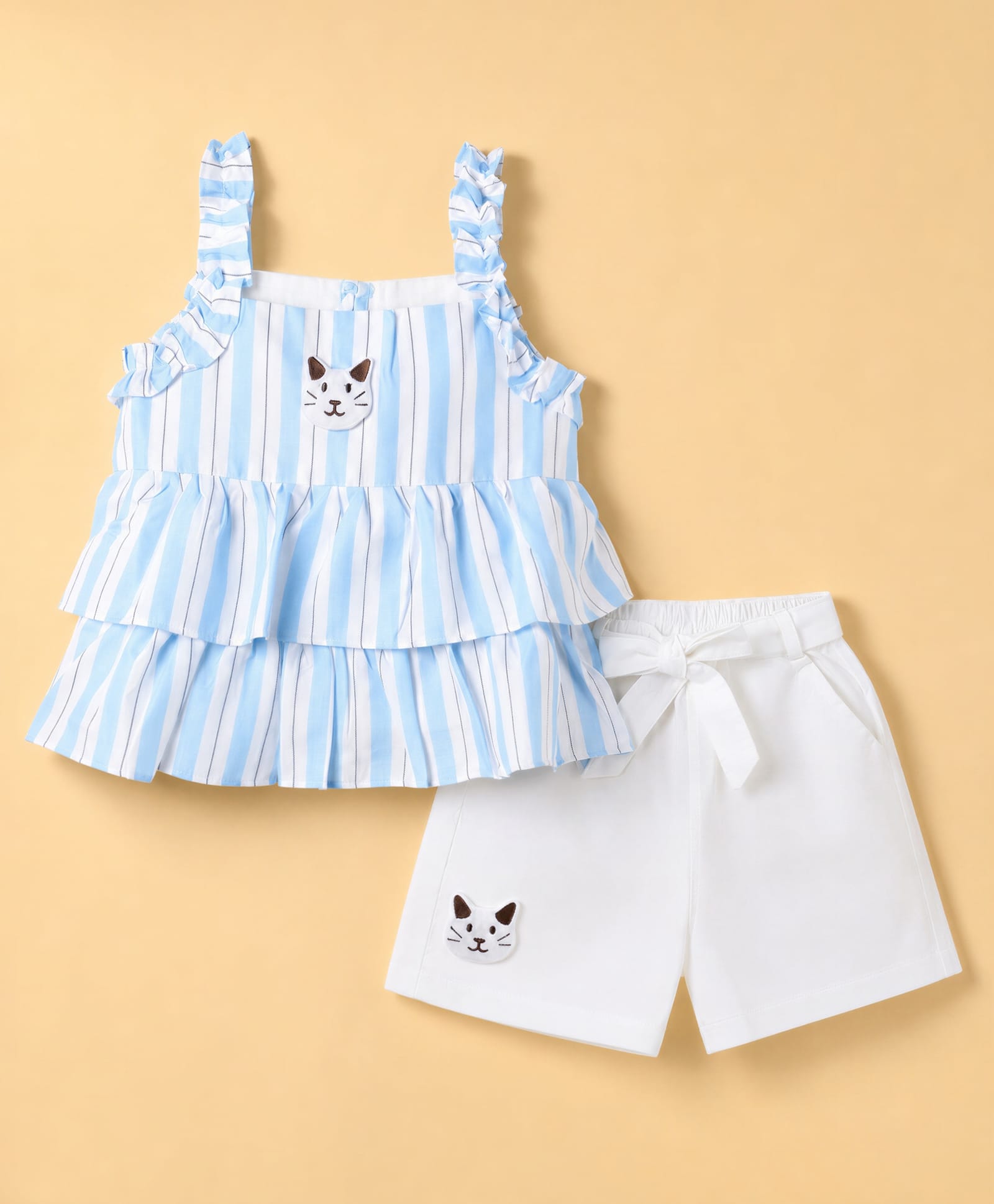 Dew Drops Cotton Woven Sleeveless Layered Striped Top & Shorts Set With Kitty Applique - Light Blue-picture-13