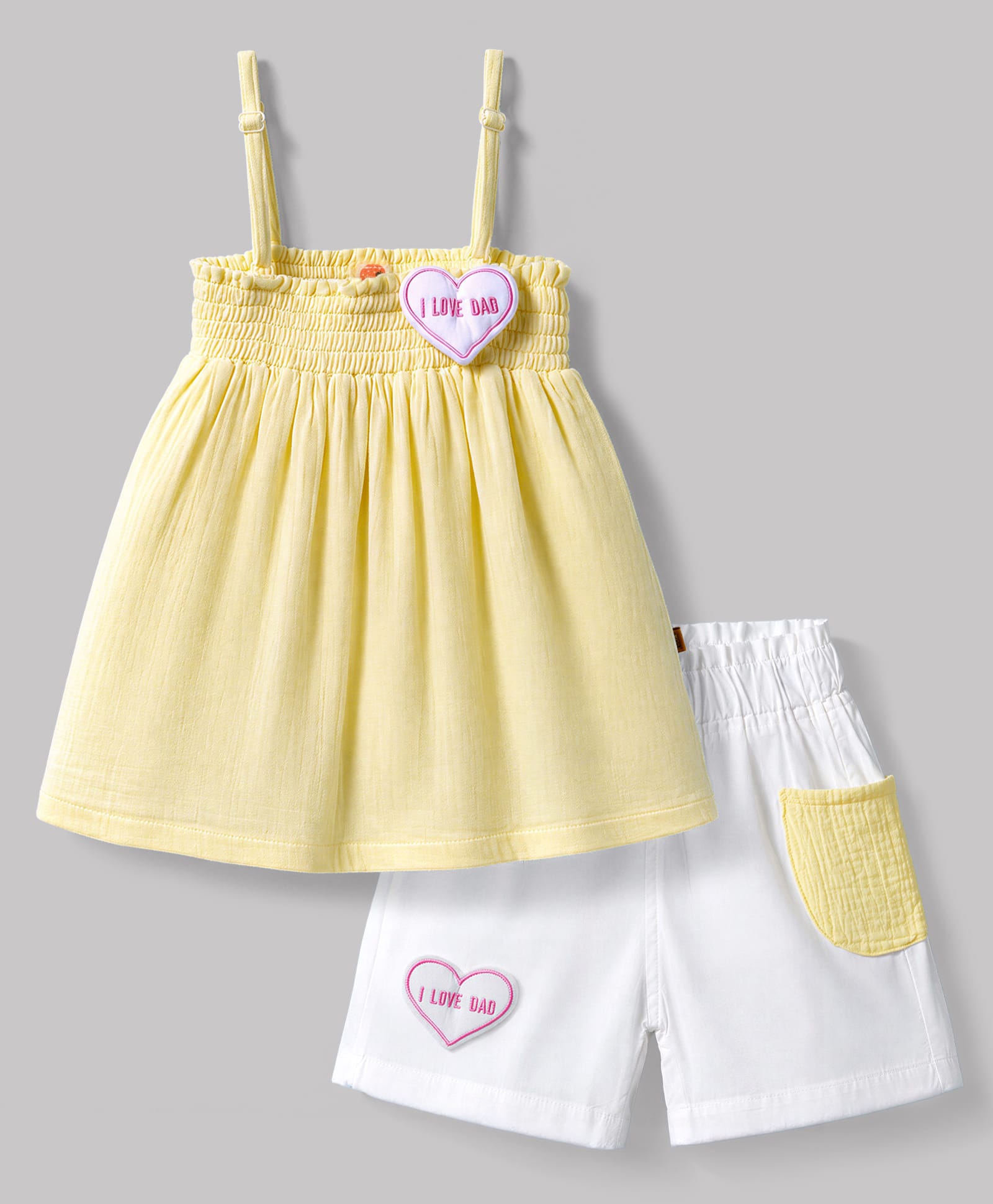 Dew Drops Cotton Woven Sleeveless Top & Shorts Set With Heart Applique - Lemon Yellow-image-44