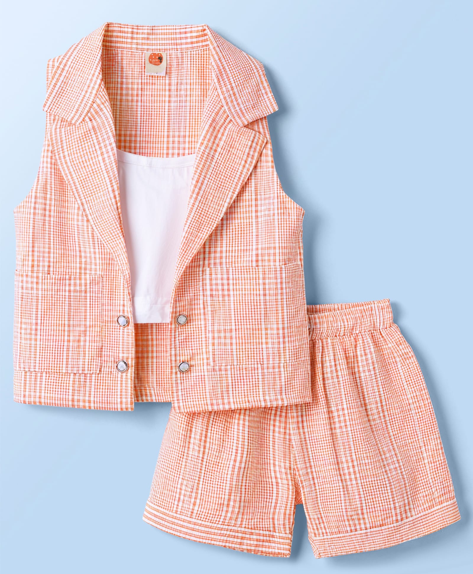 Dew Drops Cotton Woven Sleeveless Checkered Top & Shorts Set with Jacket - Peach-image-42