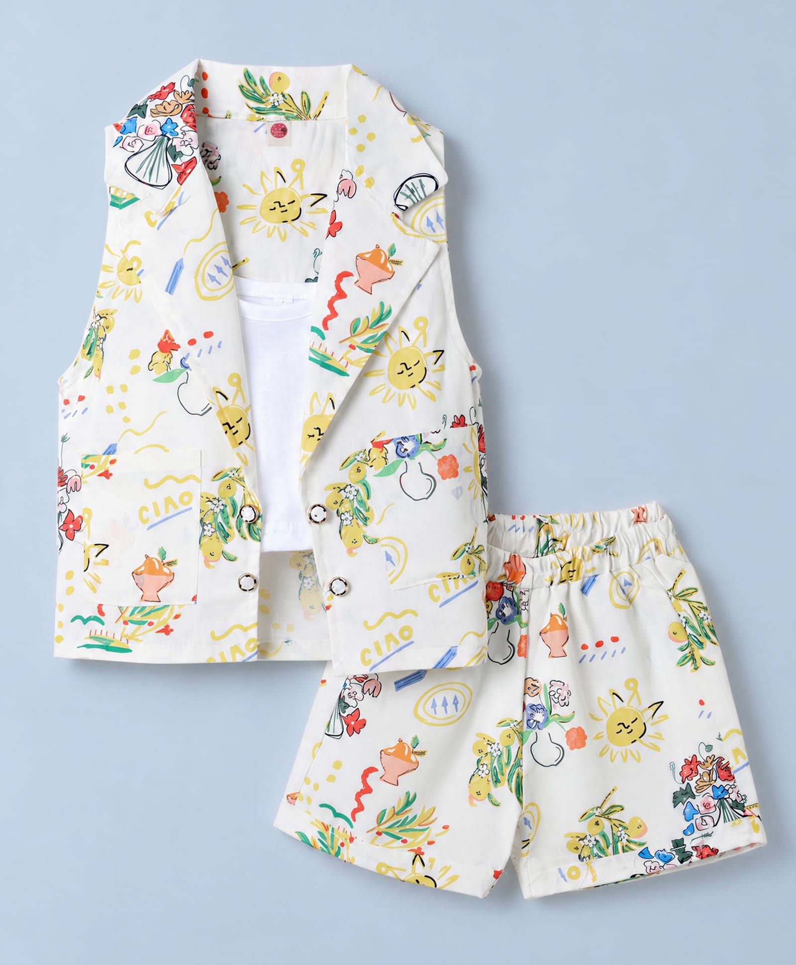 Dew Drops Cotton Woven Top and Shorts Set with Sleeveless Co Ord Jacket Set Floral Print - Off White-picture-25