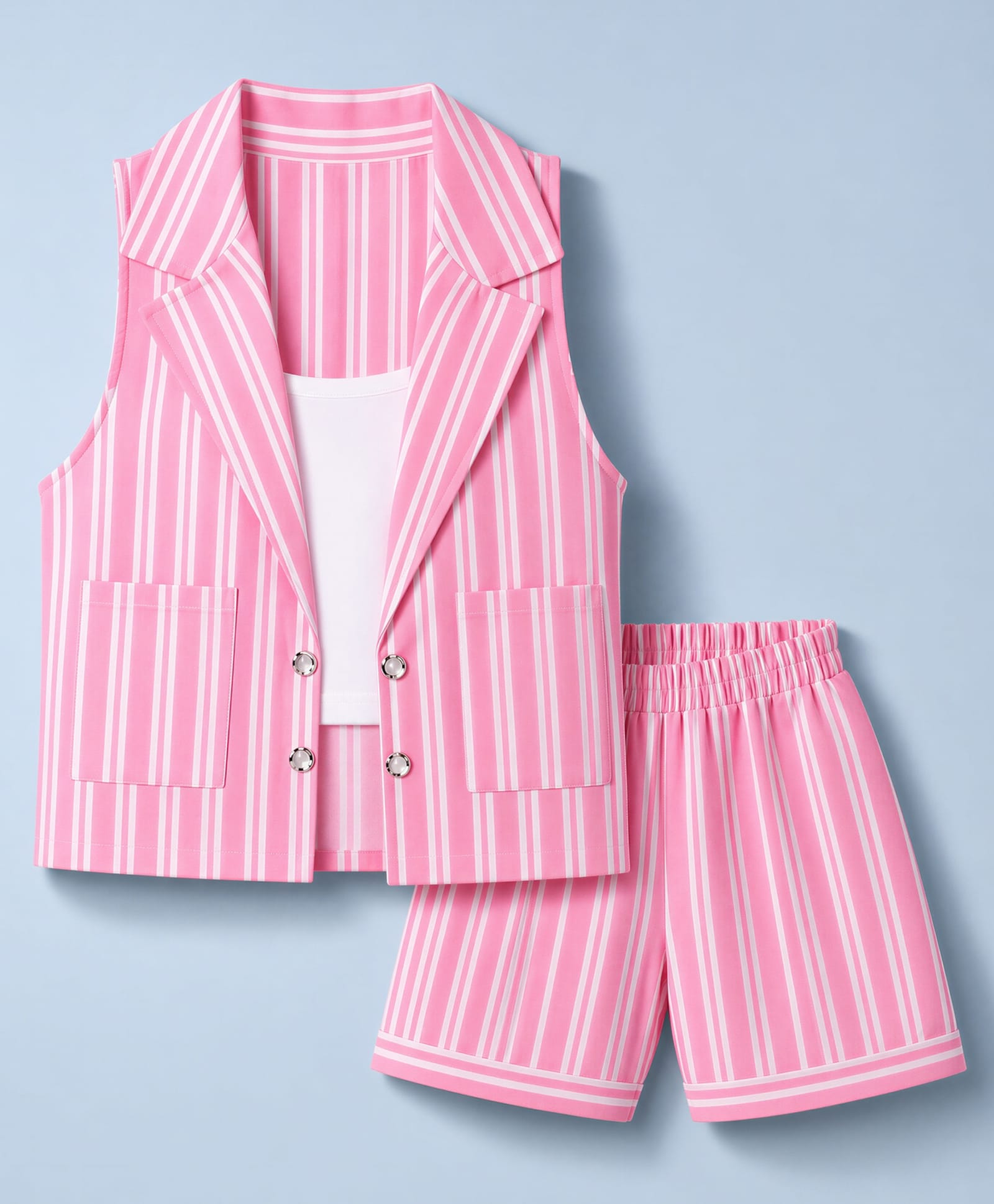 Dew Drops Cotton Woven Sleeveless Striped Top & Shorts Set with Jacket - Pink-image-45