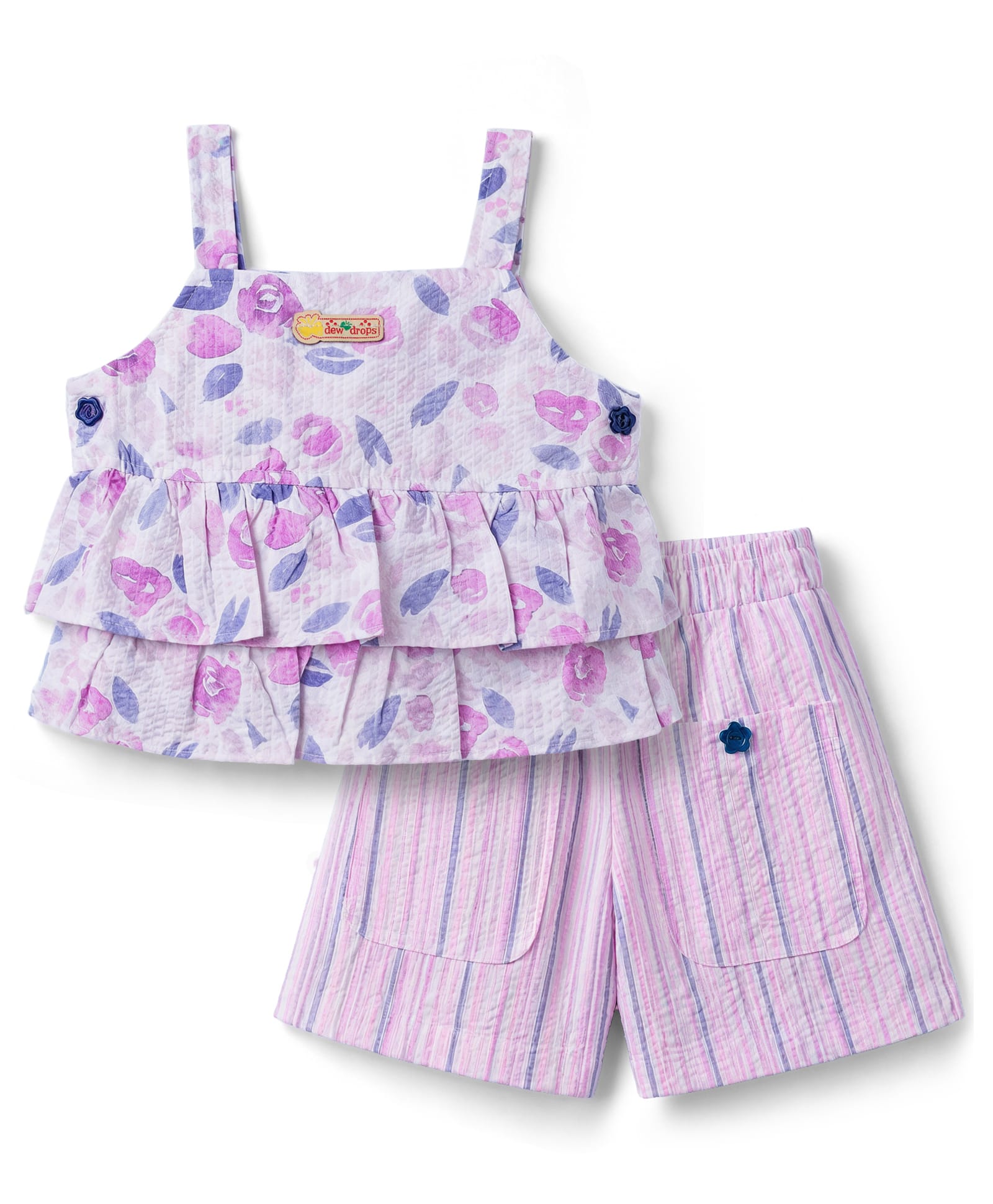 Dew Drops Cotton Woven Sleeveless Tropical Theme Printed & Striped Top & Shorts Set - Blue-picture-39