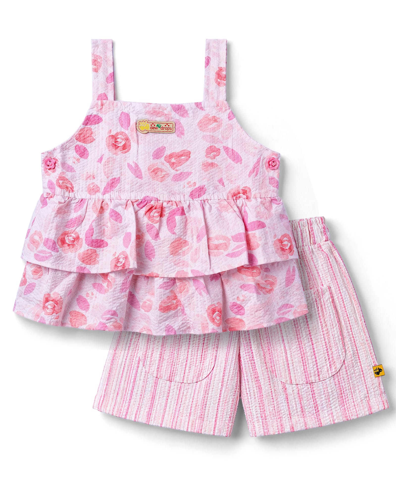 Dew Drops Cotton Woven Sleeveless Tropical Theme Printed & Striped Top & Shorts Set - Peach-image-21