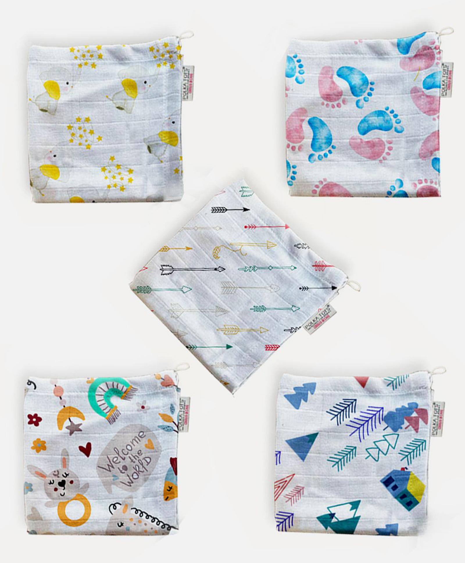 Polka Tots 100% Muslin Cotton Printed Pack of 5 Washcloth - Multicolor-picture-25