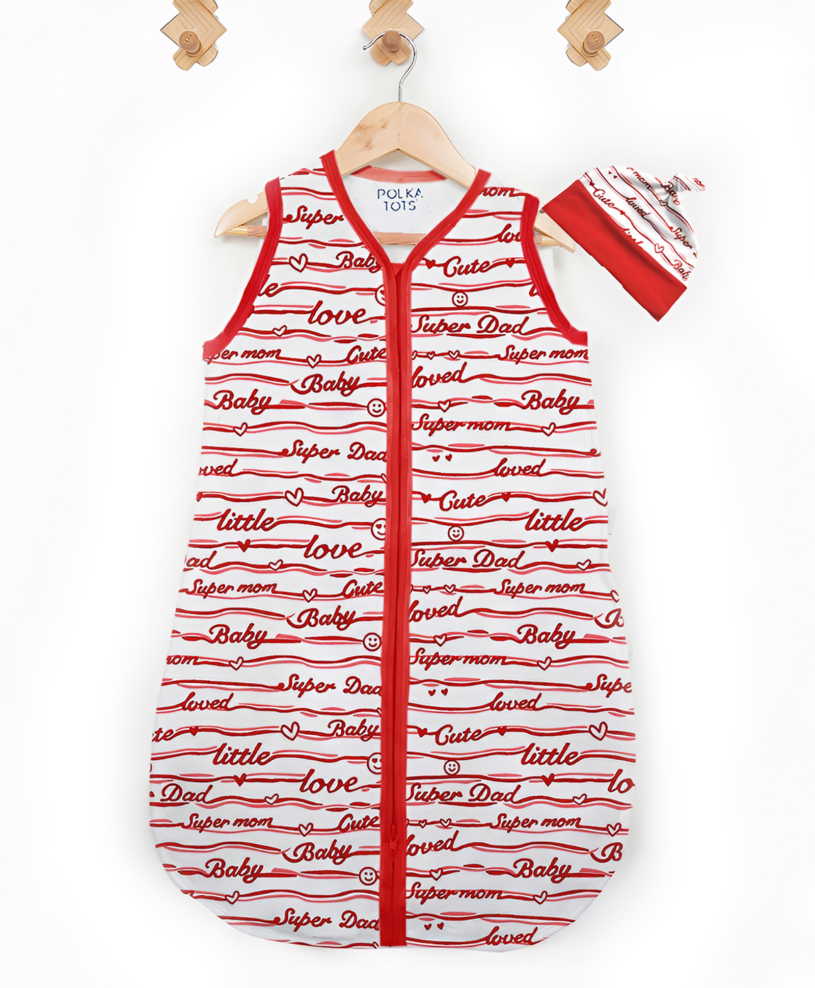 Polka Tots 100% Cotton Sleeping Bag with Cap - Baby Love Print - Red-picture-19