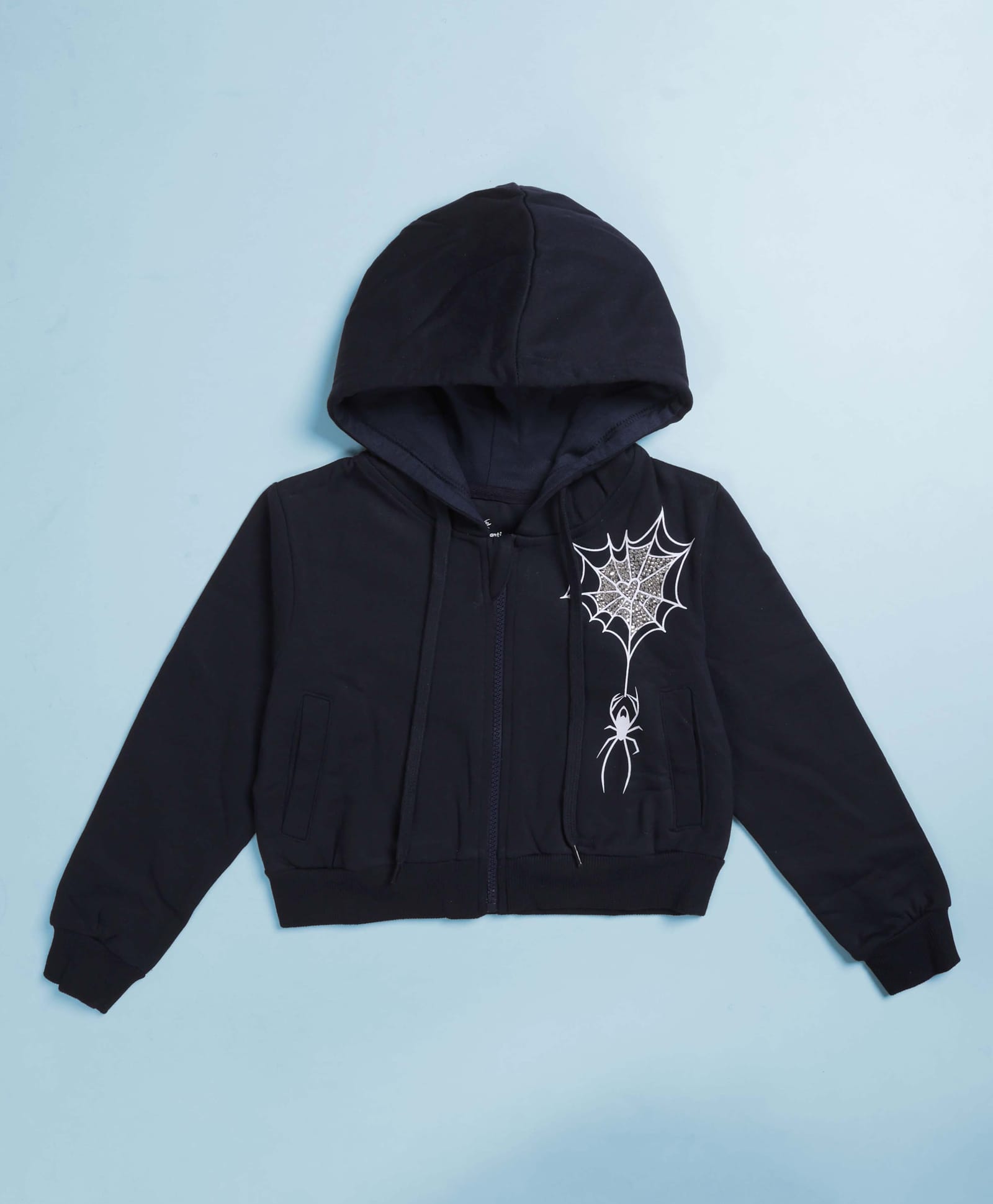 Kiddopanti Cotton Fleece Knit Full Sleeves Stone Embellished Spider Web Printed Light Winter Hooded Jacket - Navy Blue-picture-31
