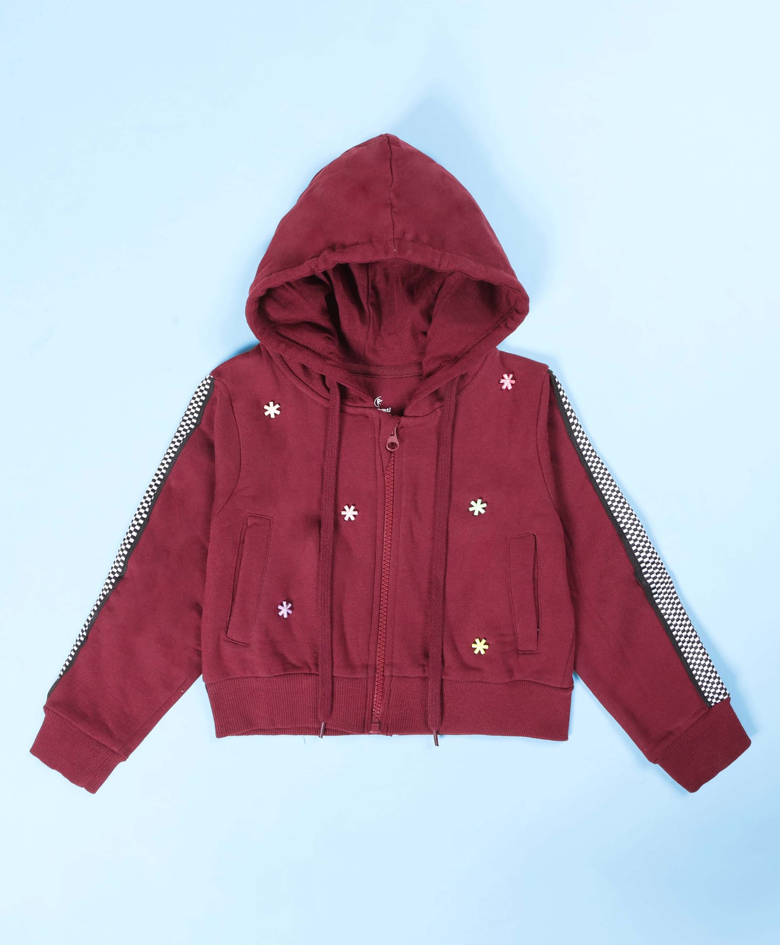 Kiddopanti Cotton Fleece Knit Full Sleeves Floral Applique Detailed Light Winter Hooded Jacket - Maroon-picture-30