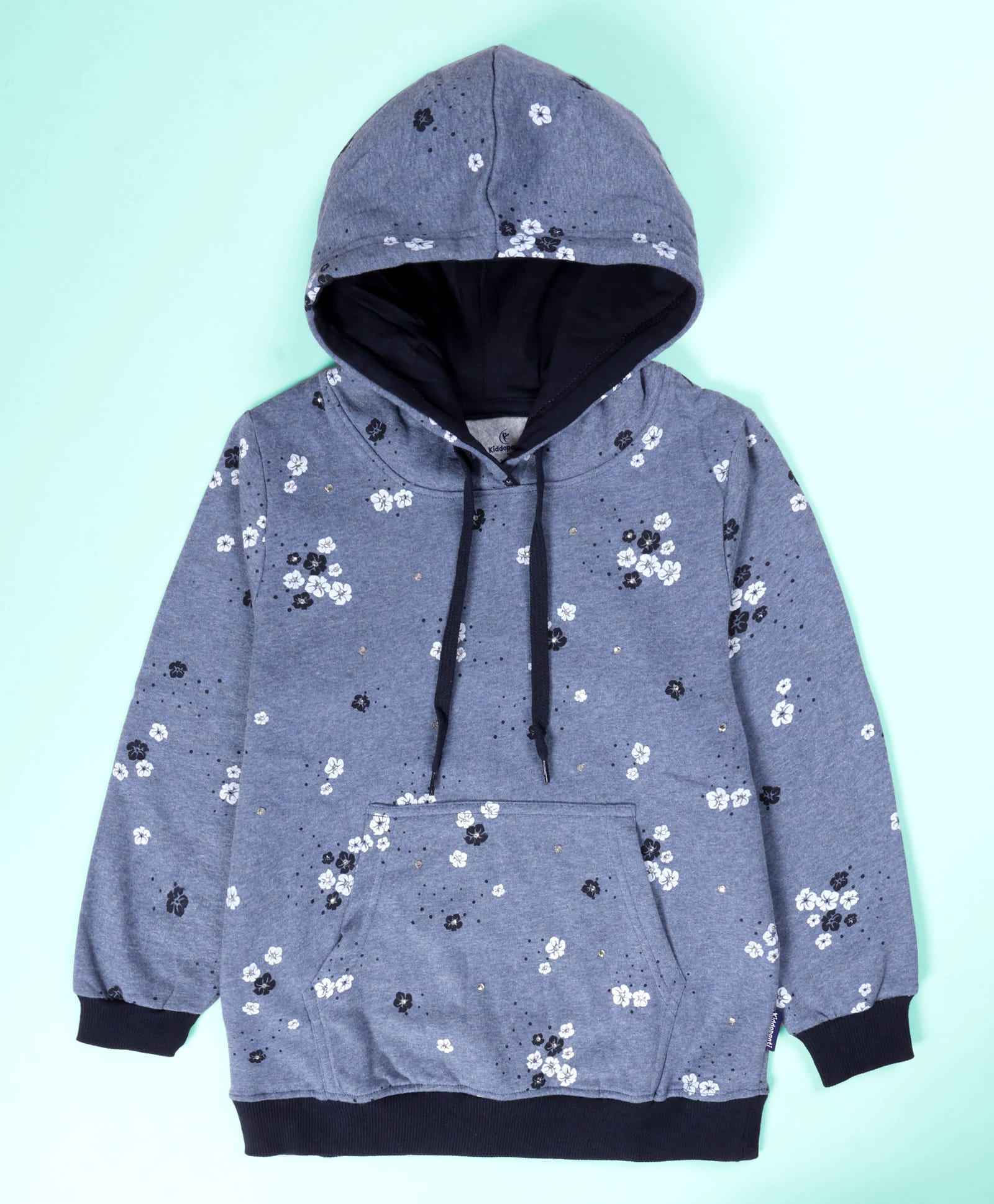 Kiddopanti Cotton Fleece Knit Full Sleeves Floral Printed Light Winter Hooded Sweatshirt - Blue Melange-picture-40