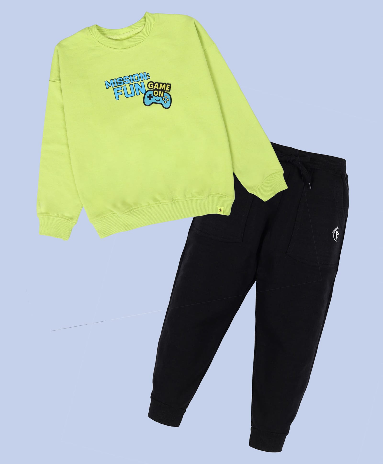 Kiddopanti Cotton Fleece Knit Mission Fun Text Printed Light Winter Sweatshirt & Joggers Set - Neon Green & Black-picture-27