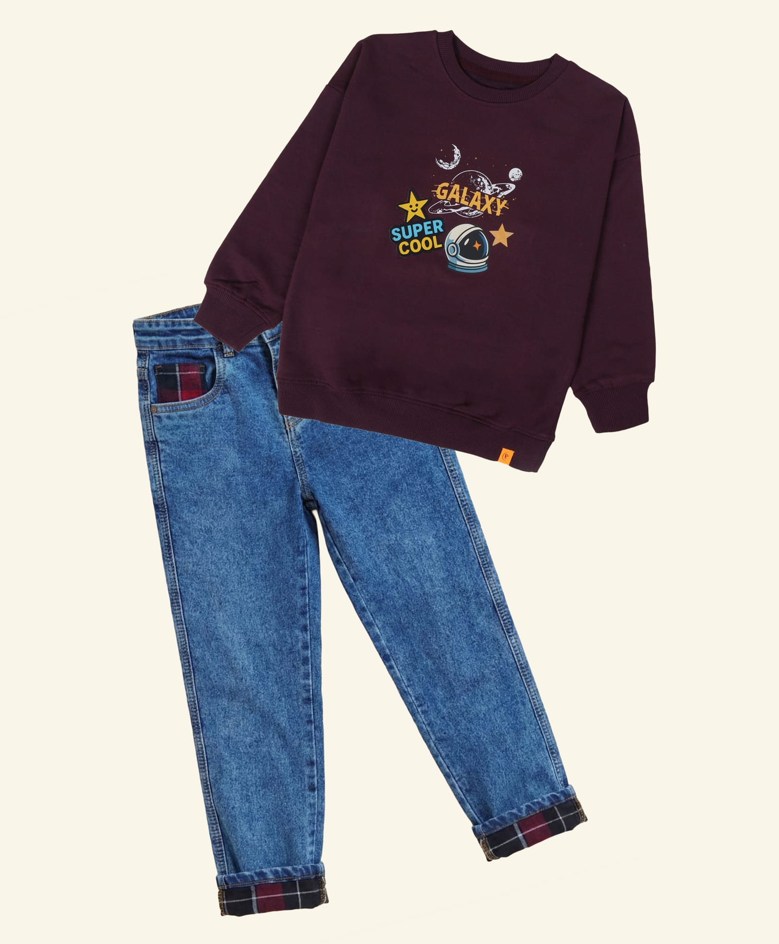 Kiddopanti Cotton Fleece Knit Galaxy Text Printed Light Winter Sweatshirt & Jeans Set - Wine & Medium Rag Blue-picture-15