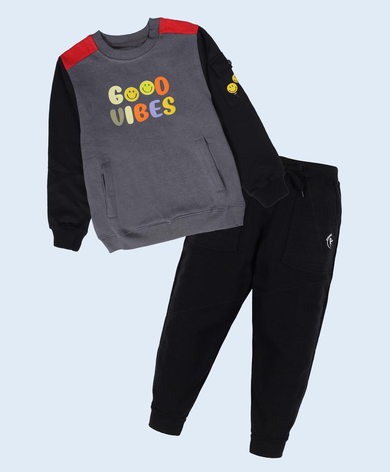 Kiddopanti Cotton Fleece Knit Good Vibes Text Printed Light Winter Sweatshirt & Joggers Set - Dark Grey & Black-picture-28
