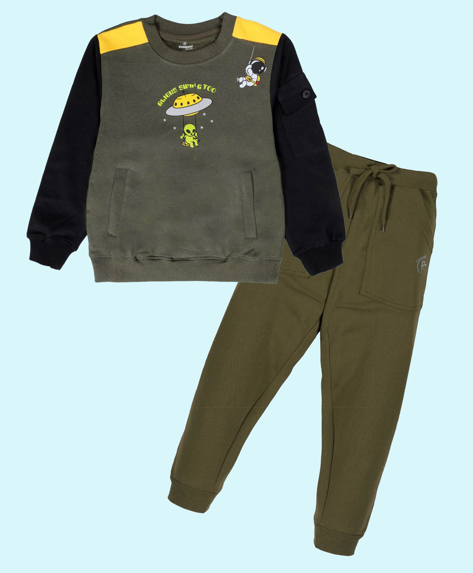 Kiddopanti Cotton Fleece Knit Aliens Swing Too Text Printed Light Winter Sweatshirt & Joggers Set - Military Green & Black-picture-17