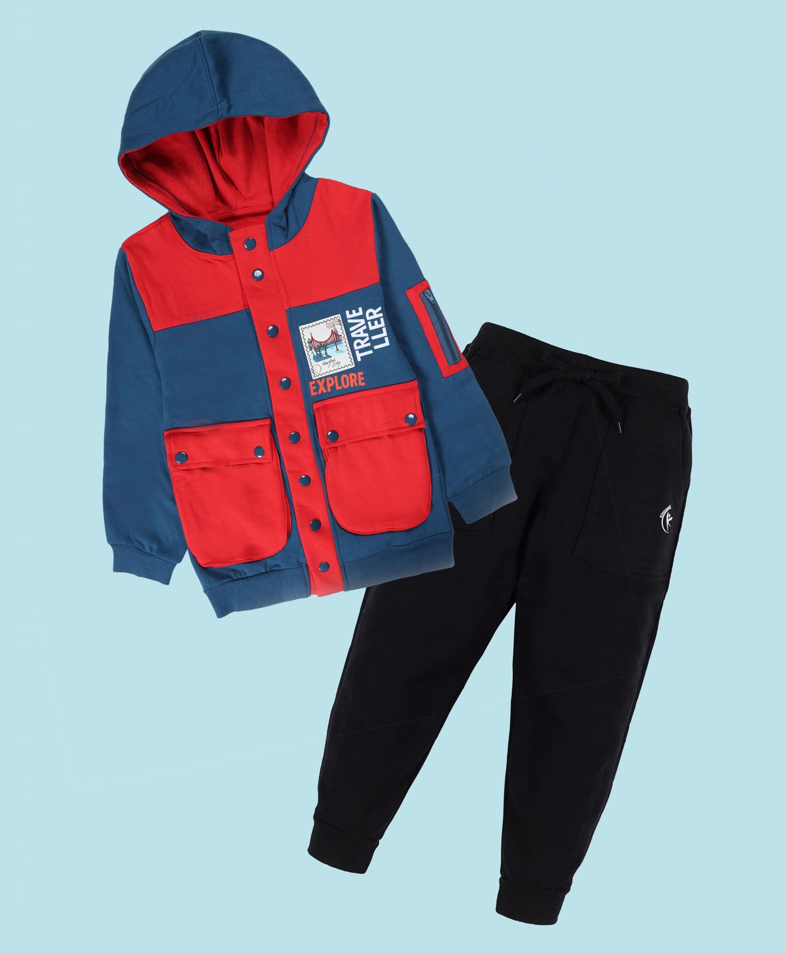 Kiddopanti Cotton Fleece Knit Full Sleeves Colour Blocked Traveller Text Printed Light Winter Hooded Sweatjacket & Joggers Set - Teal Blue Red & Black-picture-31