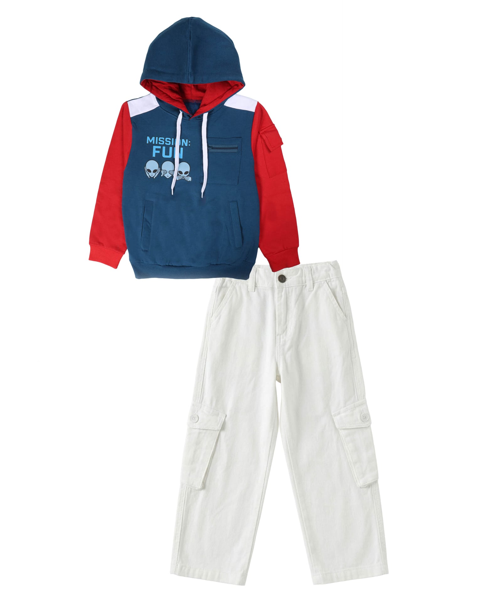 Kiddopanti Cotton Fleece Knit Full Sleeves Mission Fun Text Printed Light Winter Hooded Sweatshirt With Pants Set - Teal Blue & White-picture-37