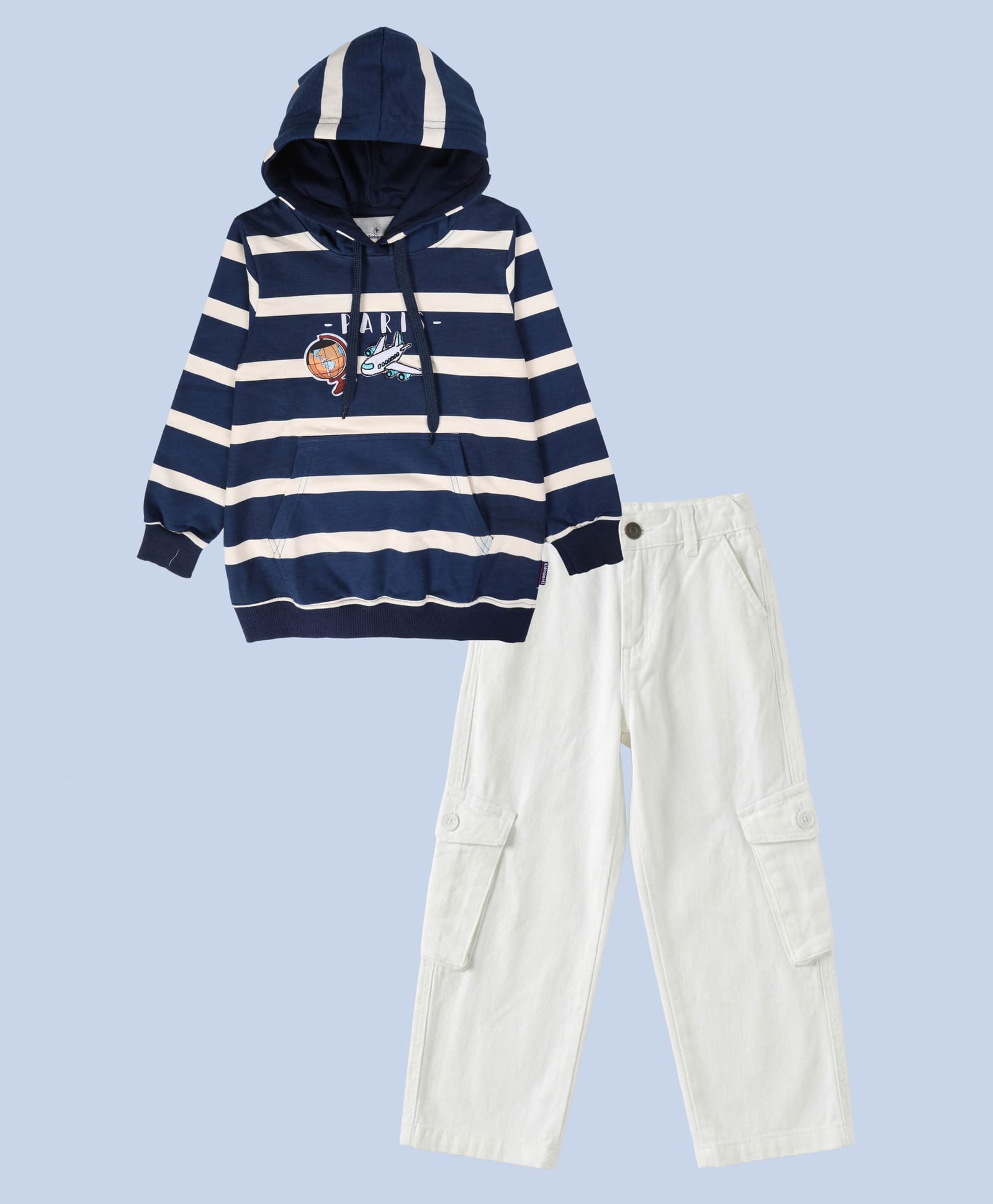 Kiddopanti Cotton Fleece Knit Full Sleeves Striped Paris Text Printed Light Winter Hooded Sweatshirt & Pants Set - Navy Blue & White-picture-12