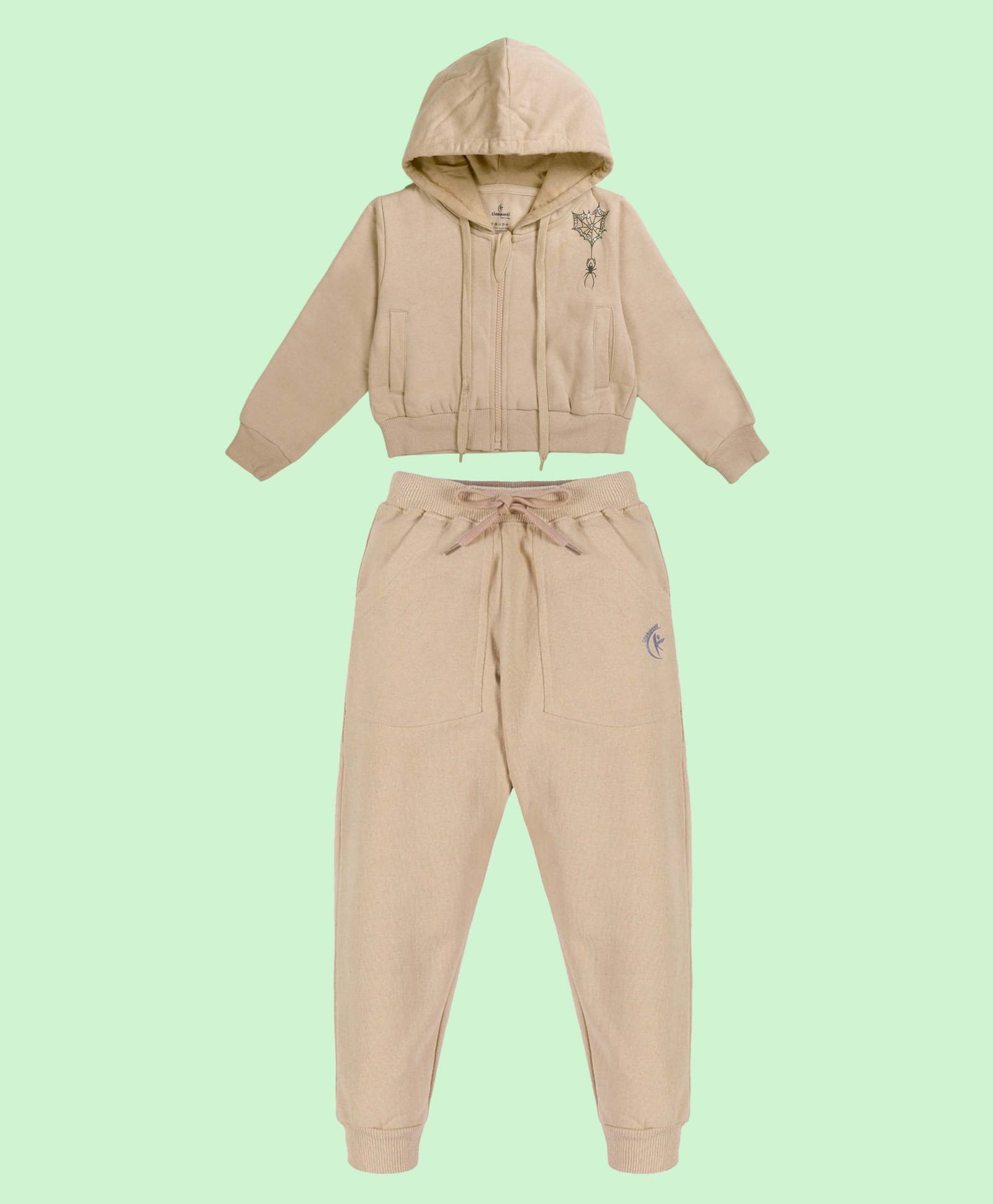 Kiddopanti Cotton Fleece Knit Full Sleeves Stone Embellished Spider Web Printed Light Winter Hooded Jacket & Joggers Set - Beige-picture-12