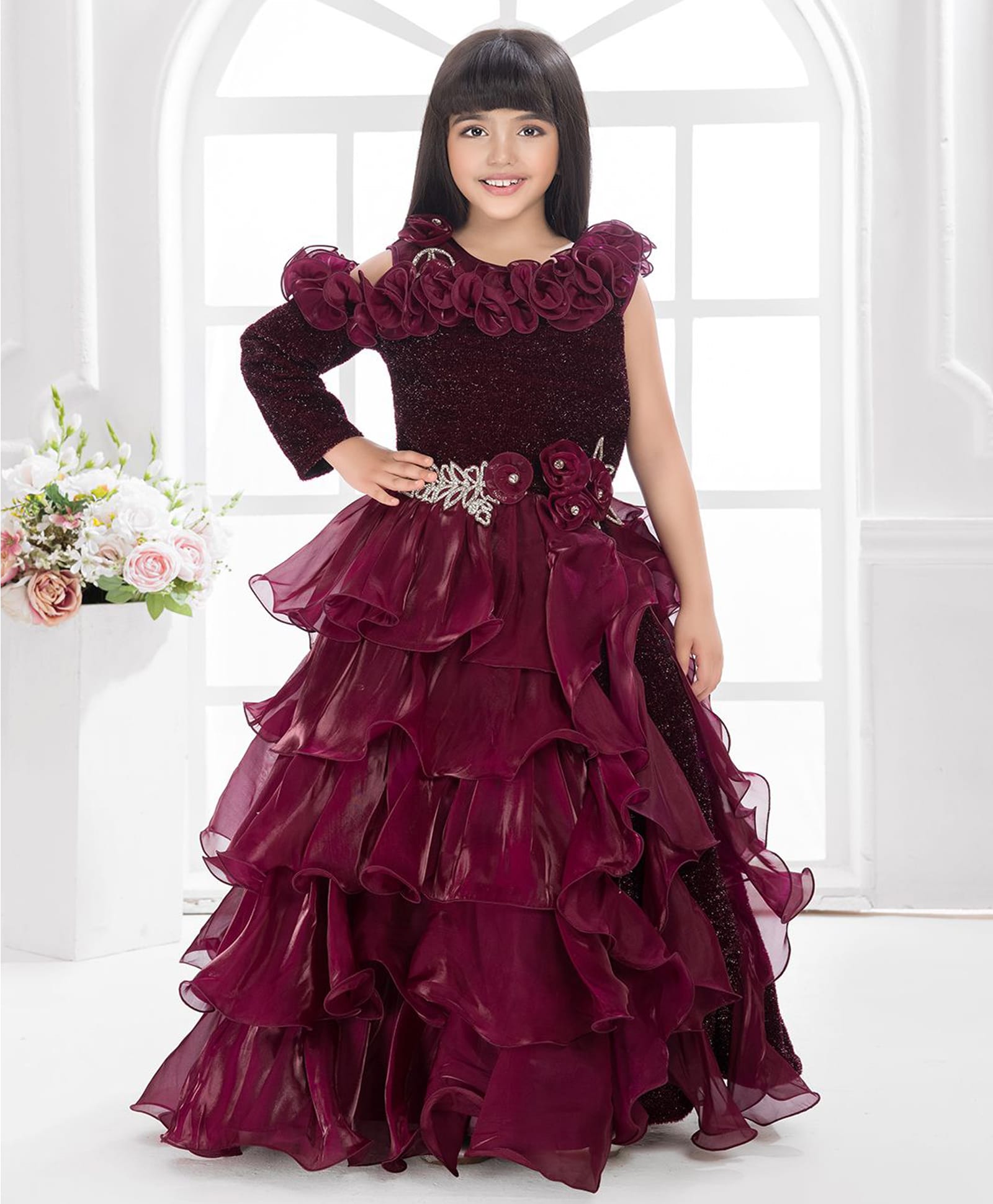 Tiny Kingdom Satin Woven Sleeveless Floral Applique Glitter Detailed Stones Embellished Gown - Maroon-image-48