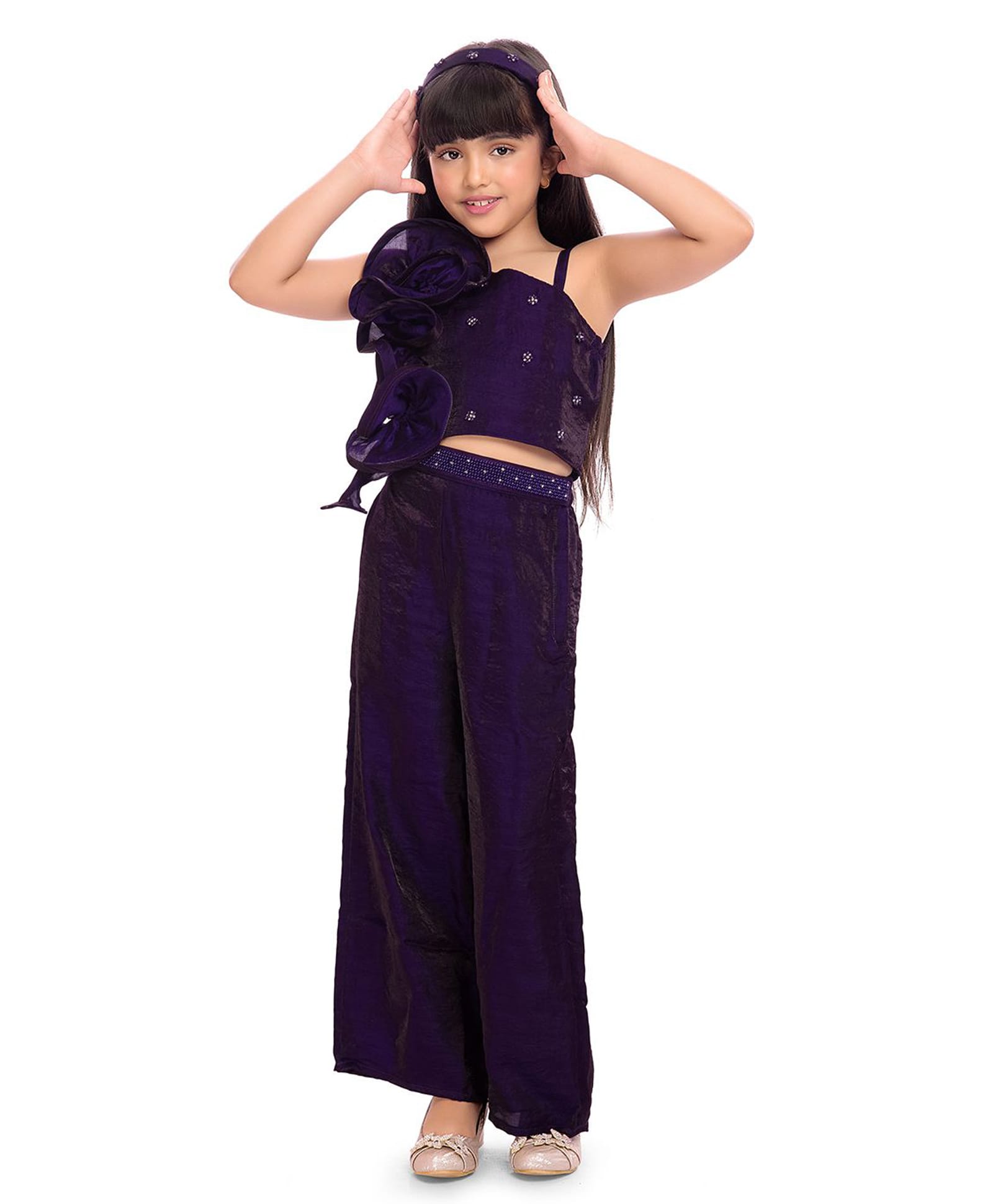Tiny Kingdom Woven Sleeveless Floral Applique Detailed Beads Embellished Top & Palazzo Set With Headband - Purple-image-37
