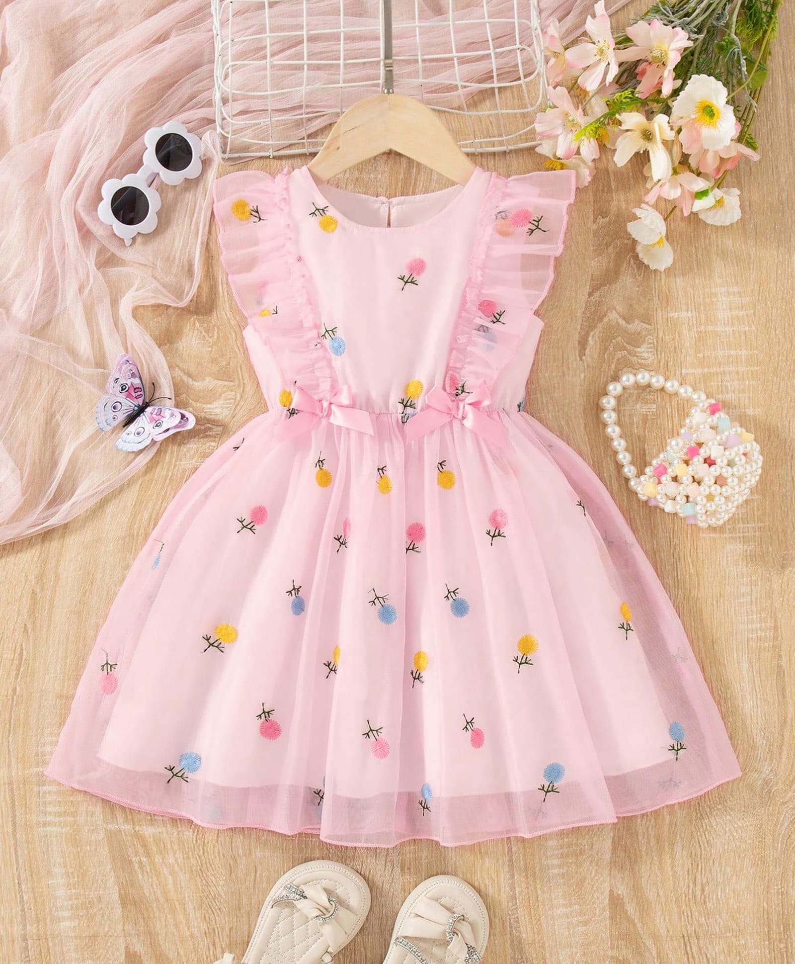 tior Mesh Knit Frill Sleeves Floral Embroidered Dress - Pink-image-23
